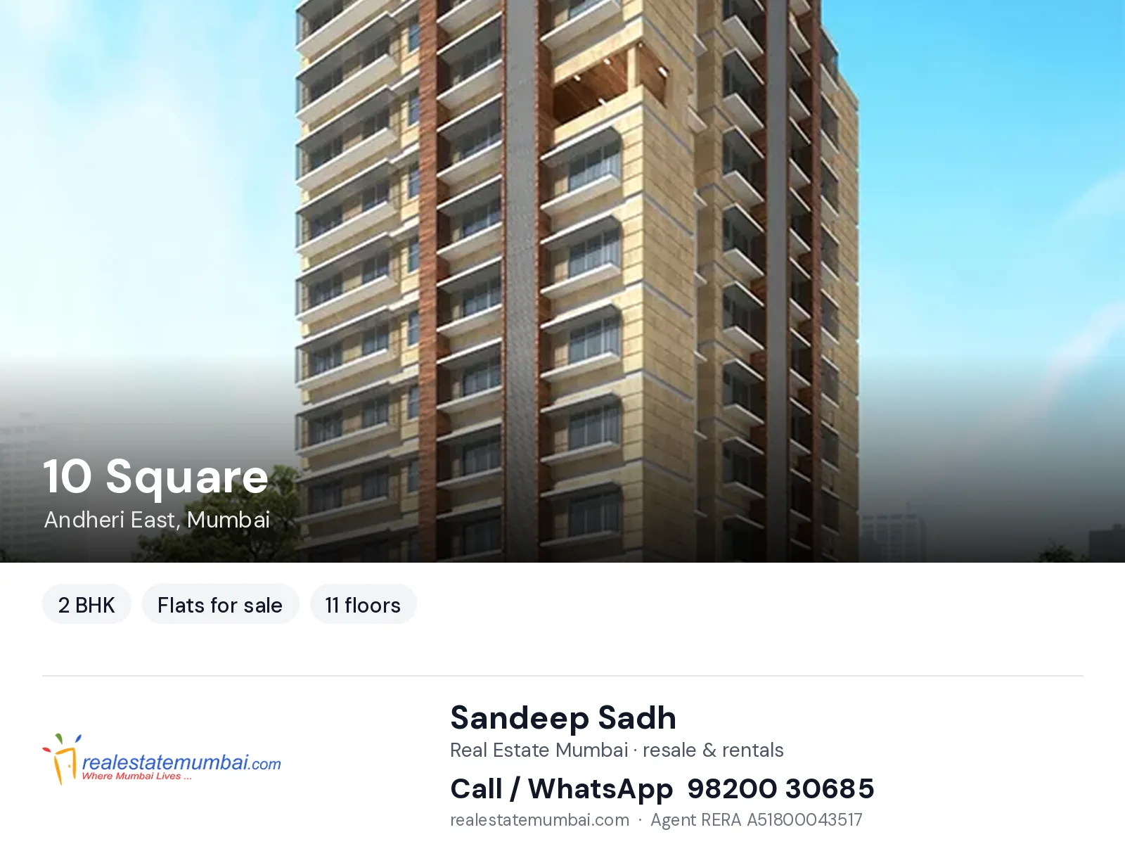 10 Square, Andheri East, Mumbai — 2 BHK flats for sale | Real Estate Mumbai, Sandeep Sadh 98200 30685