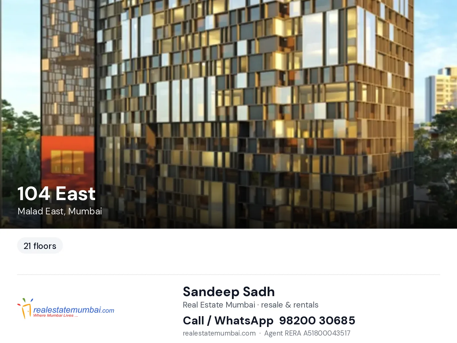 104 East, Malad East, Mumbai — flats | Real Estate Mumbai, Sandeep Sadh 98200 30685