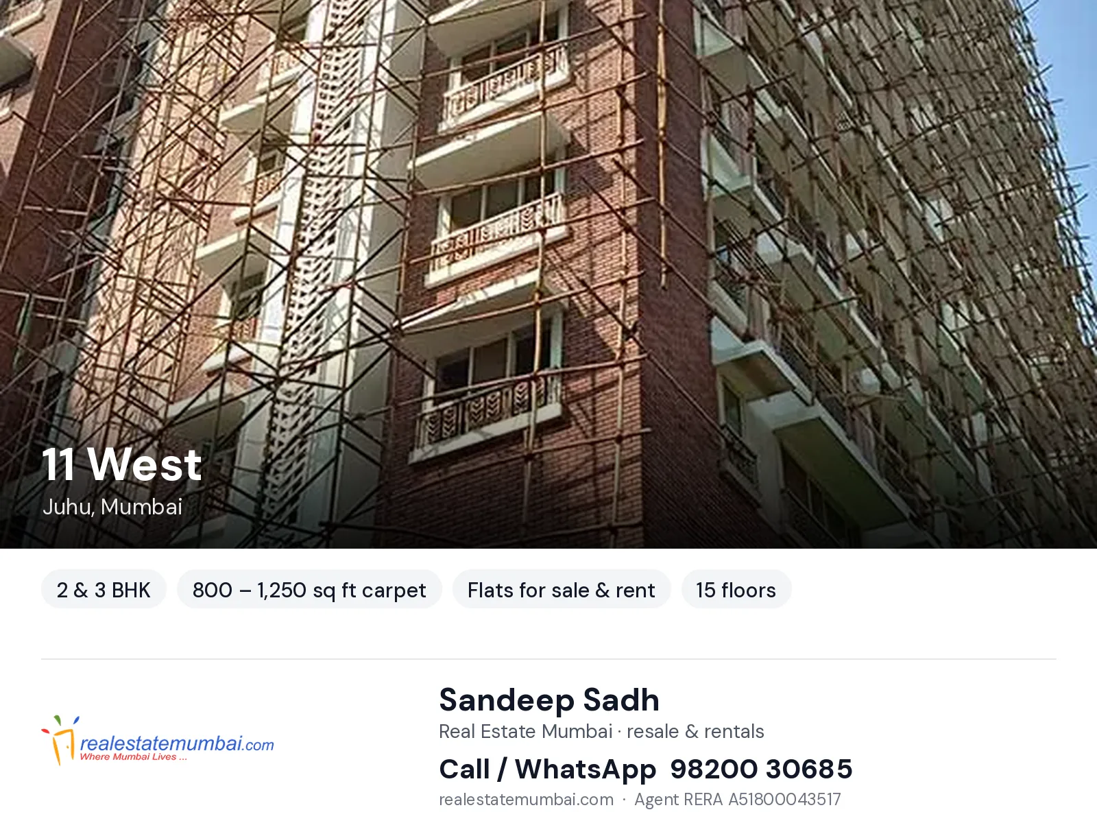 11 West, Juhu, Mumbai — 2 & 3 BHK flats for sale & rent | Real Estate Mumbai, Sandeep Sadh 98200 30685