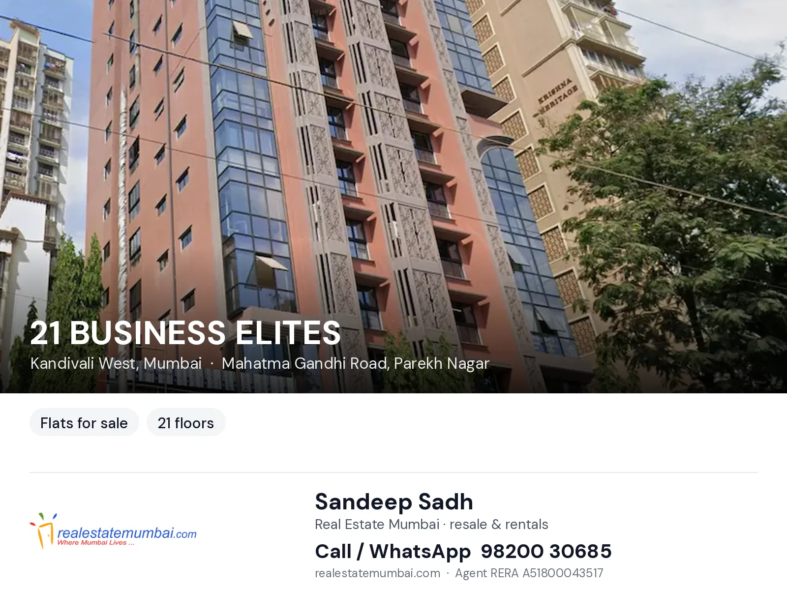 21 BUSINESS ELITES, Kandivali West, Mumbai — flats for sale | Real Estate Mumbai, Sandeep Sadh 98200 30685