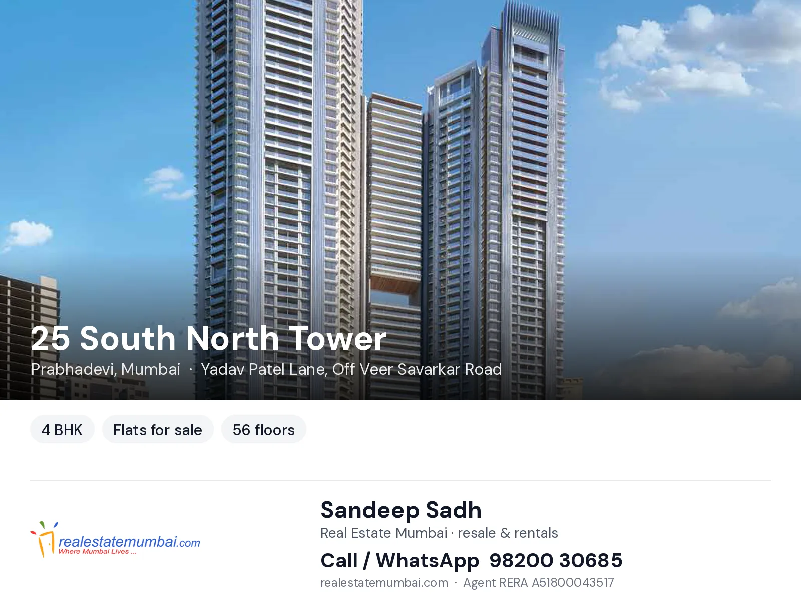 25 South North Tower, Prabhadevi, Mumbai — 4 BHK flats for sale | Real Estate Mumbai, Sandeep Sadh 98200 30685
