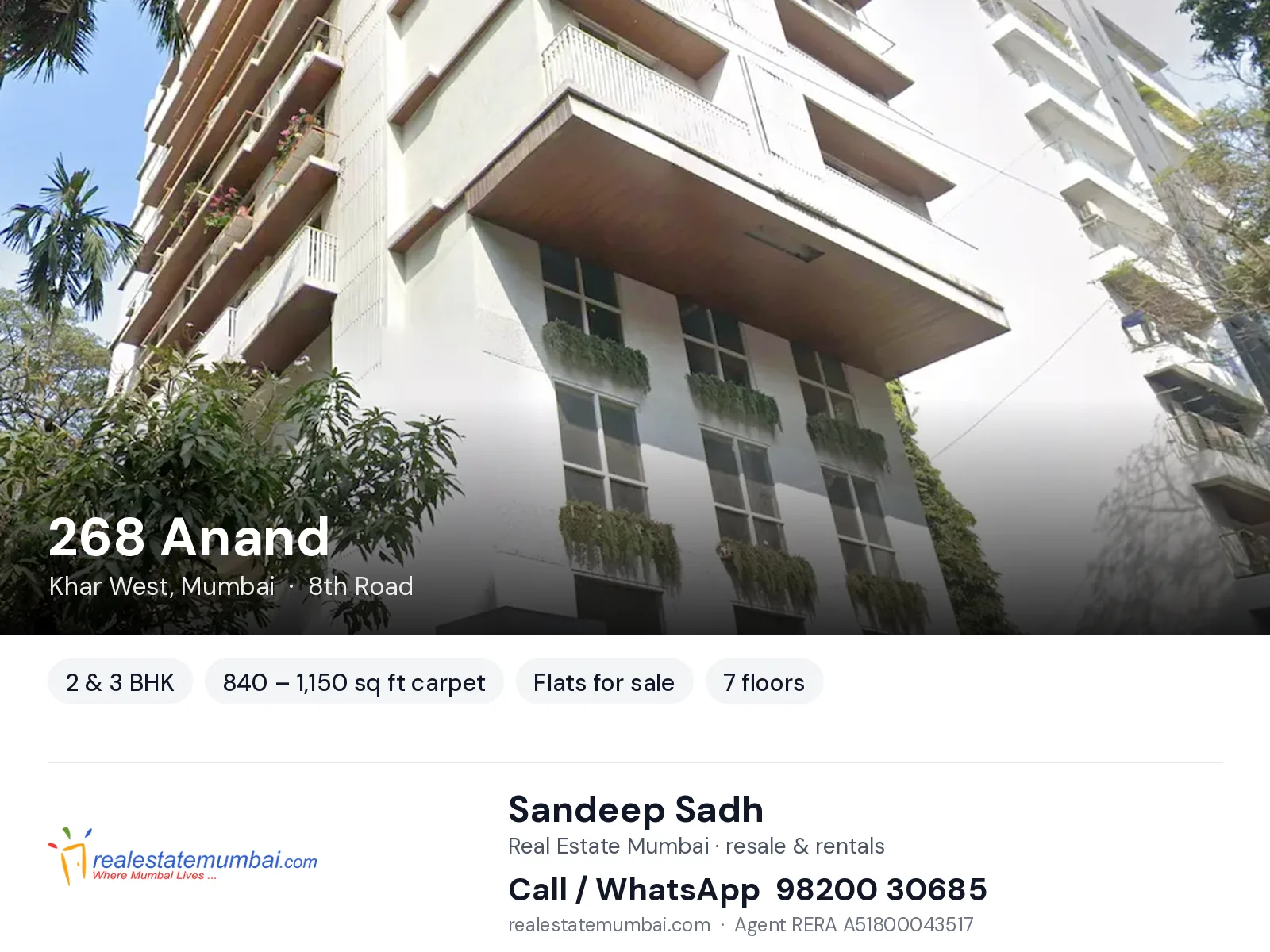 268 Anand, Khar West, Mumbai — 2 & 3 BHK flats for sale | Real Estate Mumbai, Sandeep Sadh 98200 30685