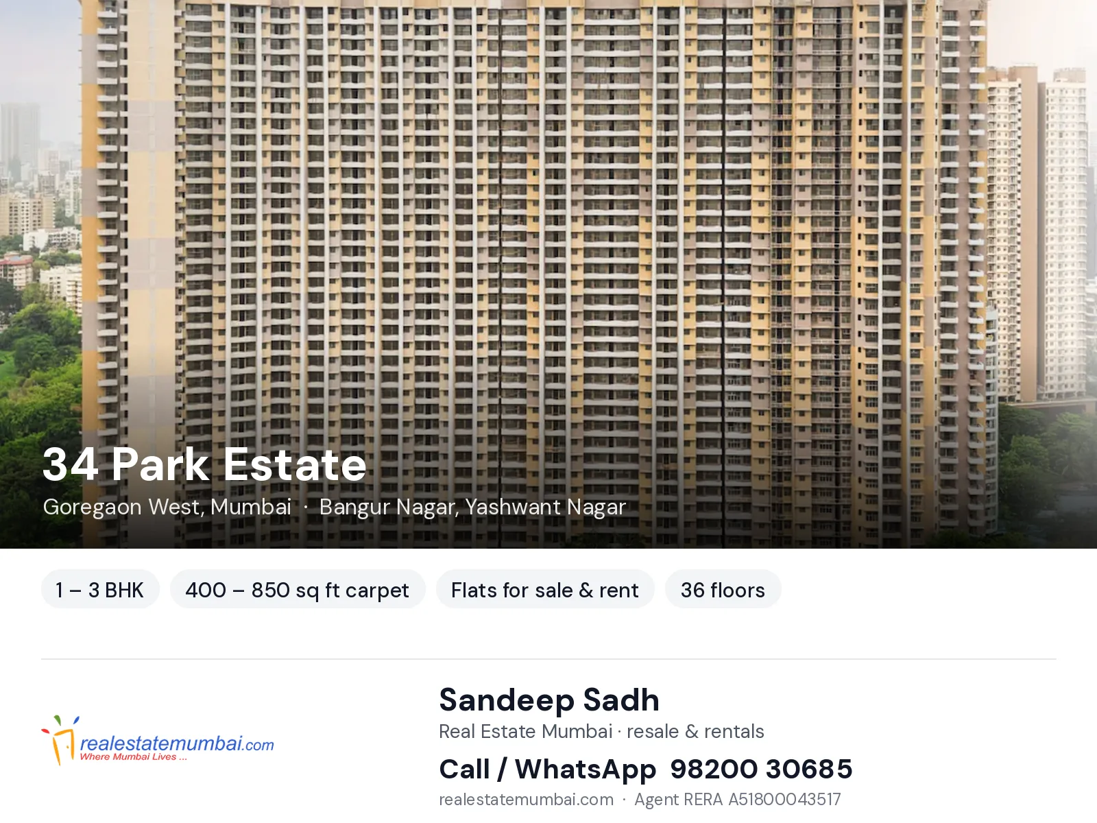 34 Park Estate, Goregaon West, Mumbai — 1 – 3 BHK flats for sale & rent | Real Estate Mumbai, Sandeep Sadh 98200 30685