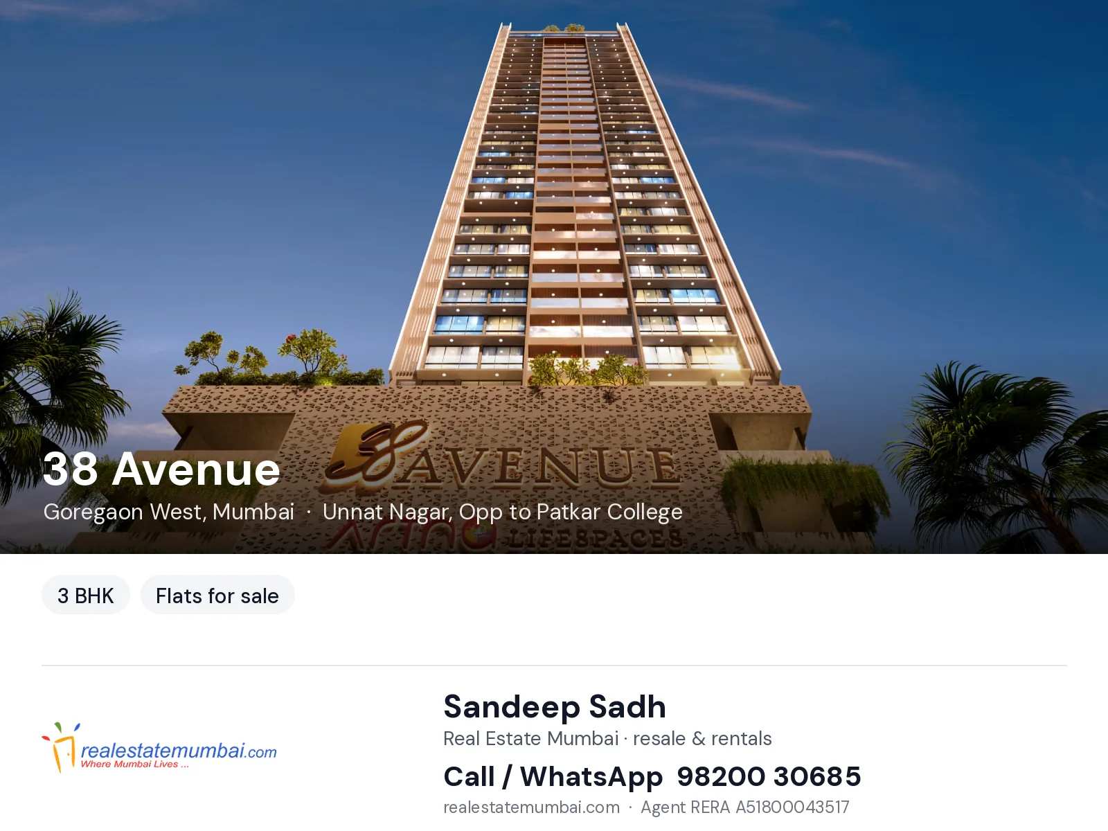 38 Avenue, Goregaon West, Mumbai — 3 BHK flats for sale | Real Estate Mumbai, Sandeep Sadh 98200 30685