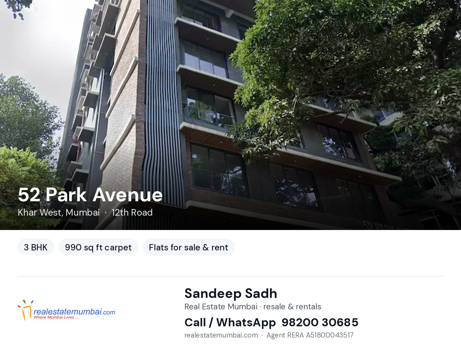 52 Park Avenue, Khar West, Mumbai — 3 BHK flats for sale & rent | Real Estate Mumbai, Sandeep Sadh 98200 30685