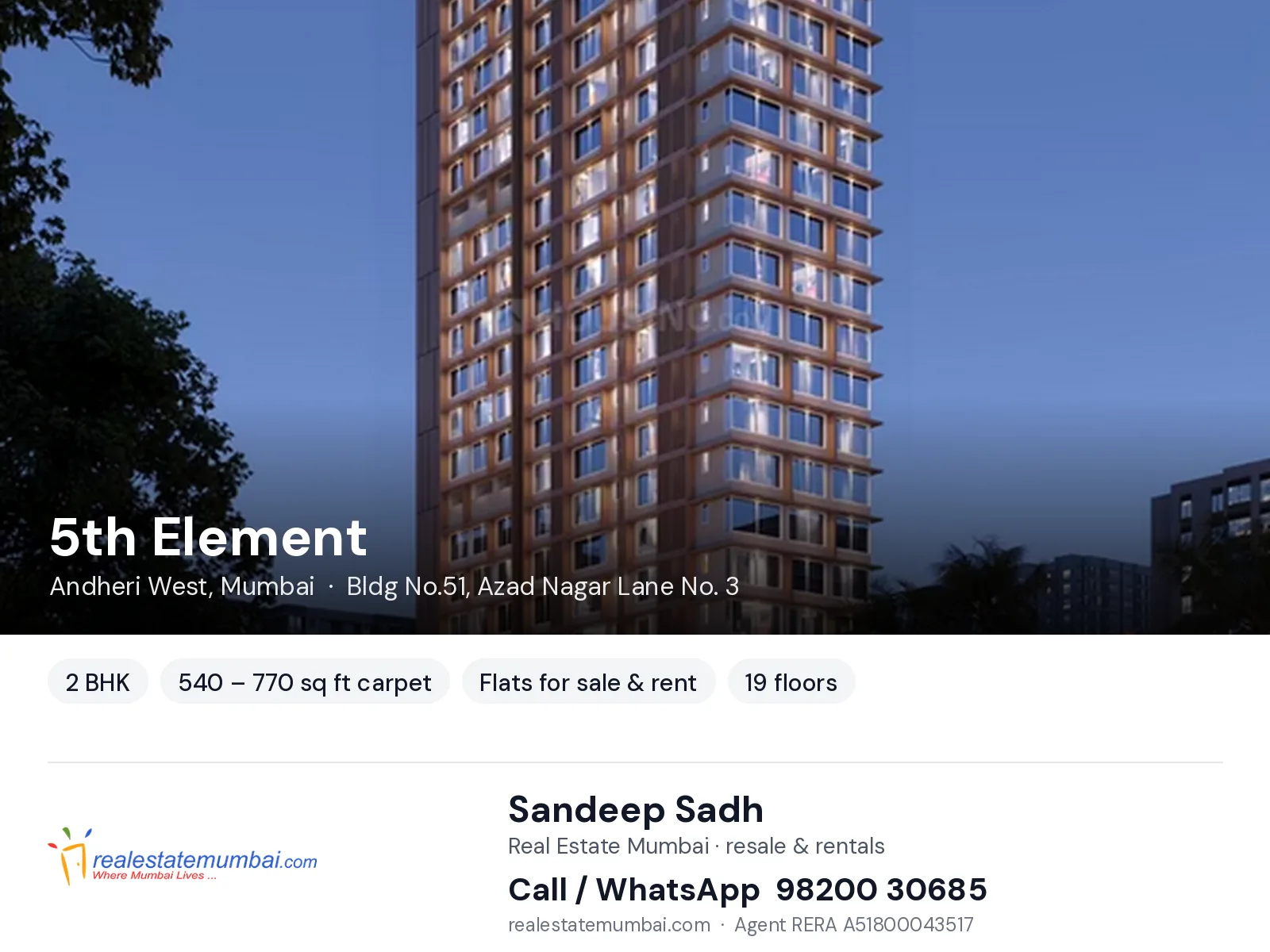 5th Element, Andheri West, Mumbai — 2 BHK flats for sale & rent | Real Estate Mumbai, Sandeep Sadh 98200 30685