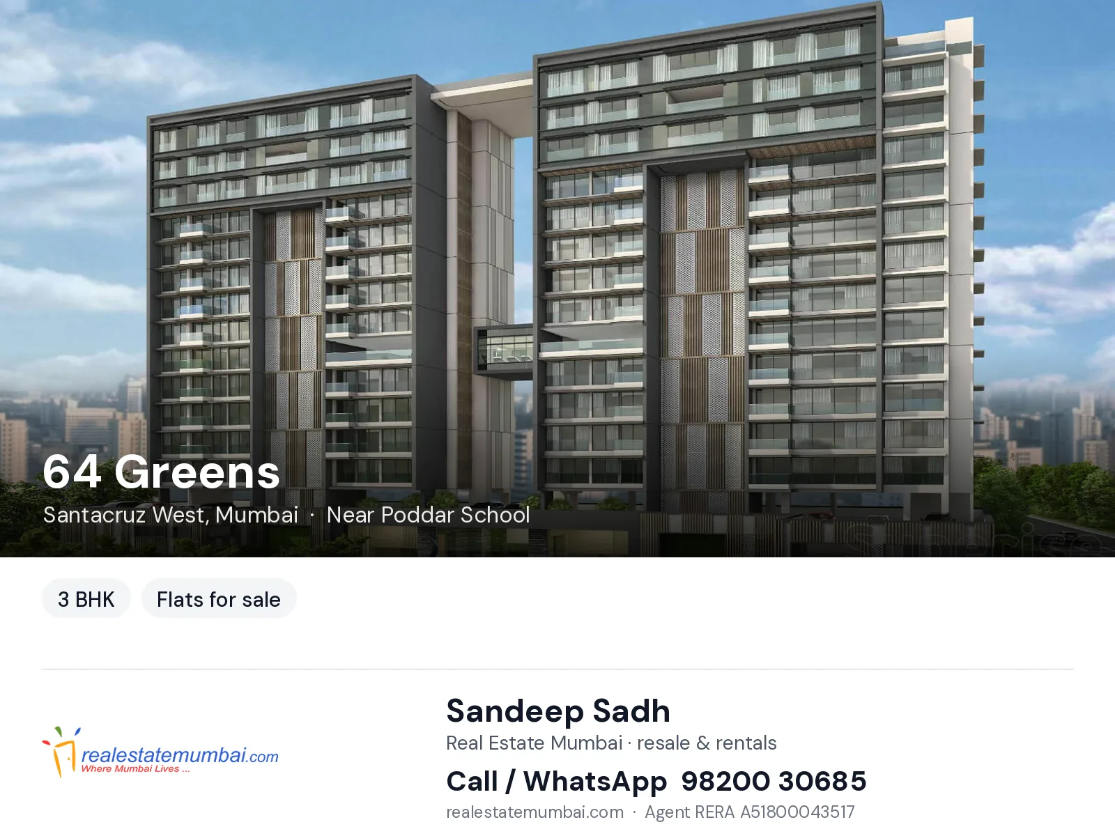64 Greens, Santacruz West, Mumbai — 3 BHK flats for sale | Real Estate Mumbai, Sandeep Sadh 98200 30685