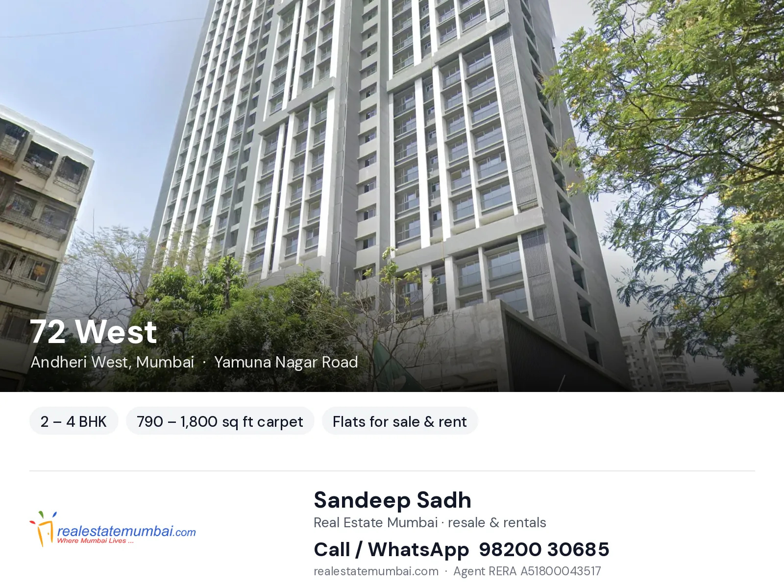 72 West, Andheri West, Mumbai — 2 – 4 BHK flats for sale & rent | Real Estate Mumbai, Sandeep Sadh 98200 30685