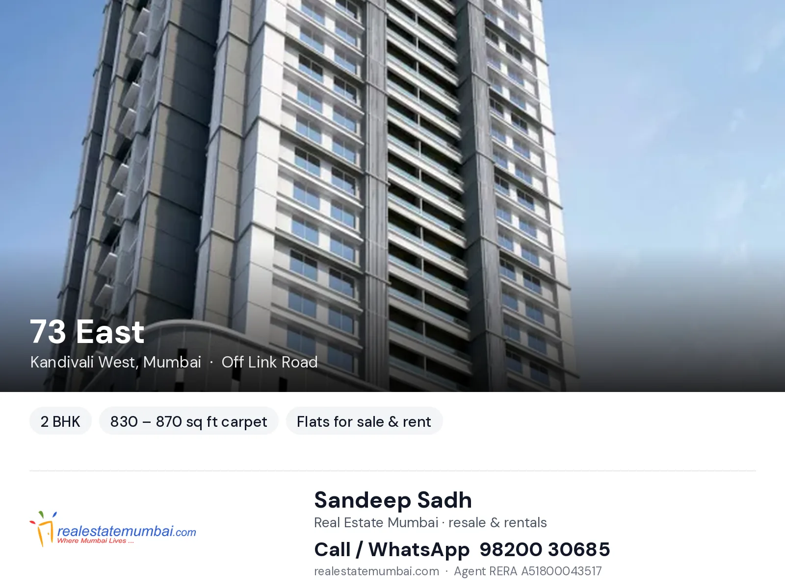 73 East, Kandivali West, Mumbai — 2 BHK flats for sale & rent | Real Estate Mumbai, Sandeep Sadh 98200 30685