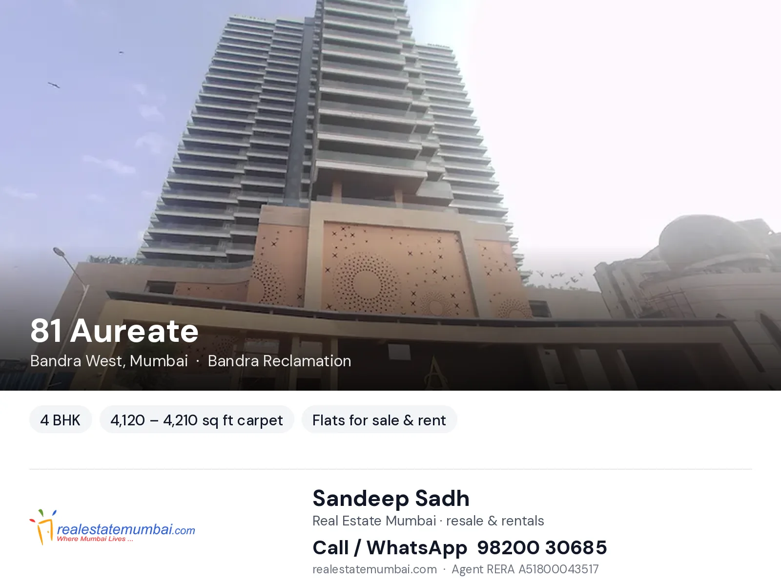 81 Aureate, Bandra West, Mumbai — 4 BHK flats for sale & rent | Real Estate Mumbai, Sandeep Sadh 98200 30685