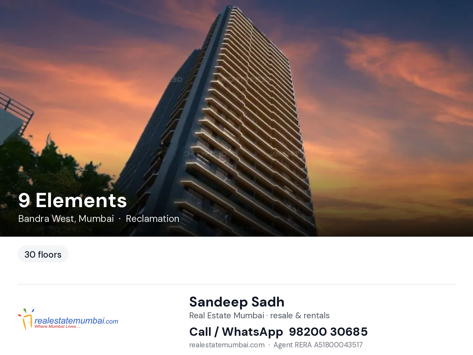 9 Elements, Bandra West, Mumbai — flats | Real Estate Mumbai, Sandeep Sadh 98200 30685