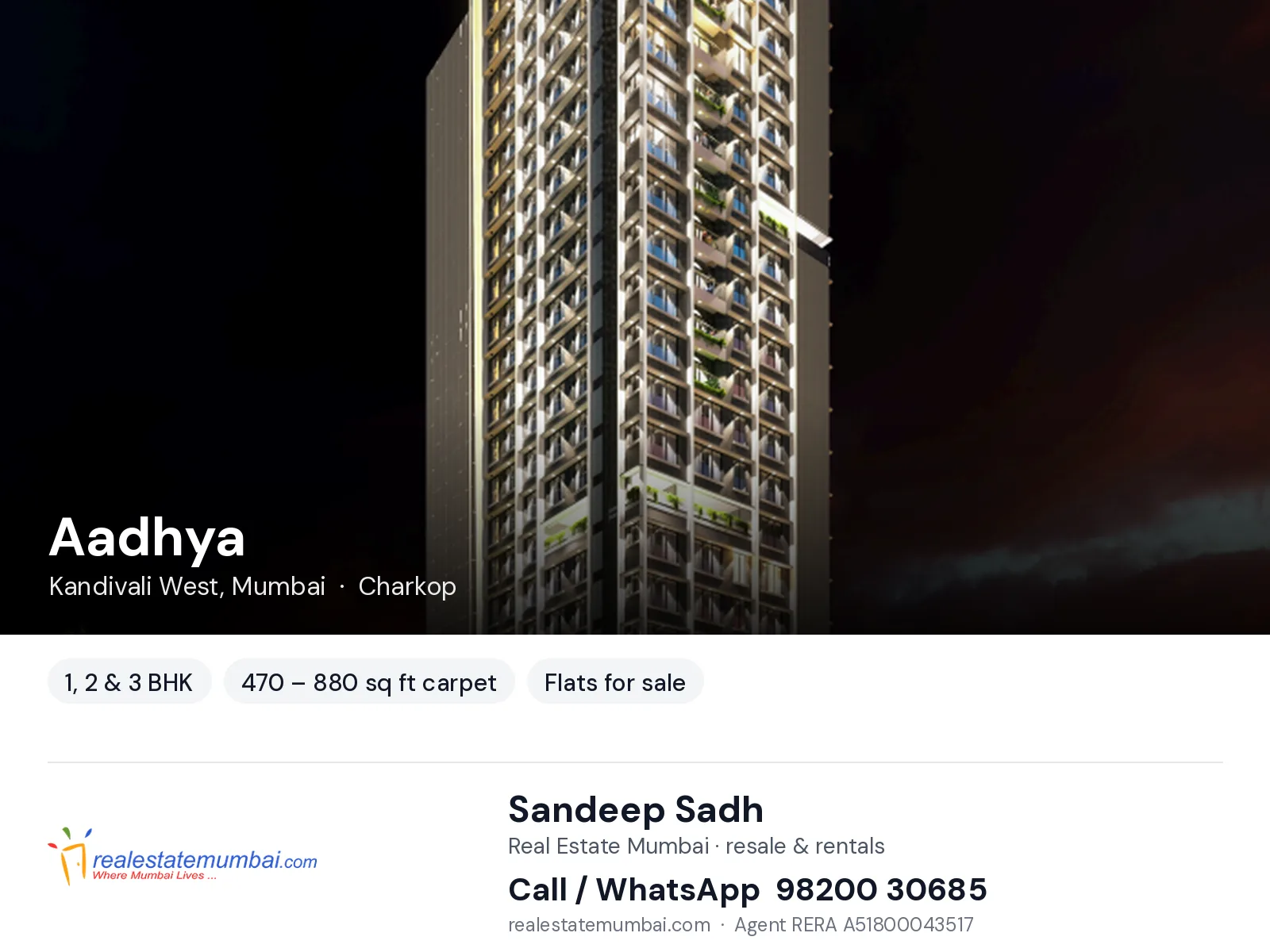 Aadhya, Kandivali West, Mumbai — 1, 2 & 3 BHK flats for sale | Real Estate Mumbai, Sandeep Sadh 98200 30685