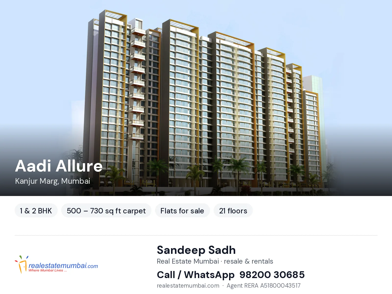 Aadi Allure, Kanjur Marg, Mumbai — 1 & 2 BHK flats for sale | Real Estate Mumbai, Sandeep Sadh 98200 30685