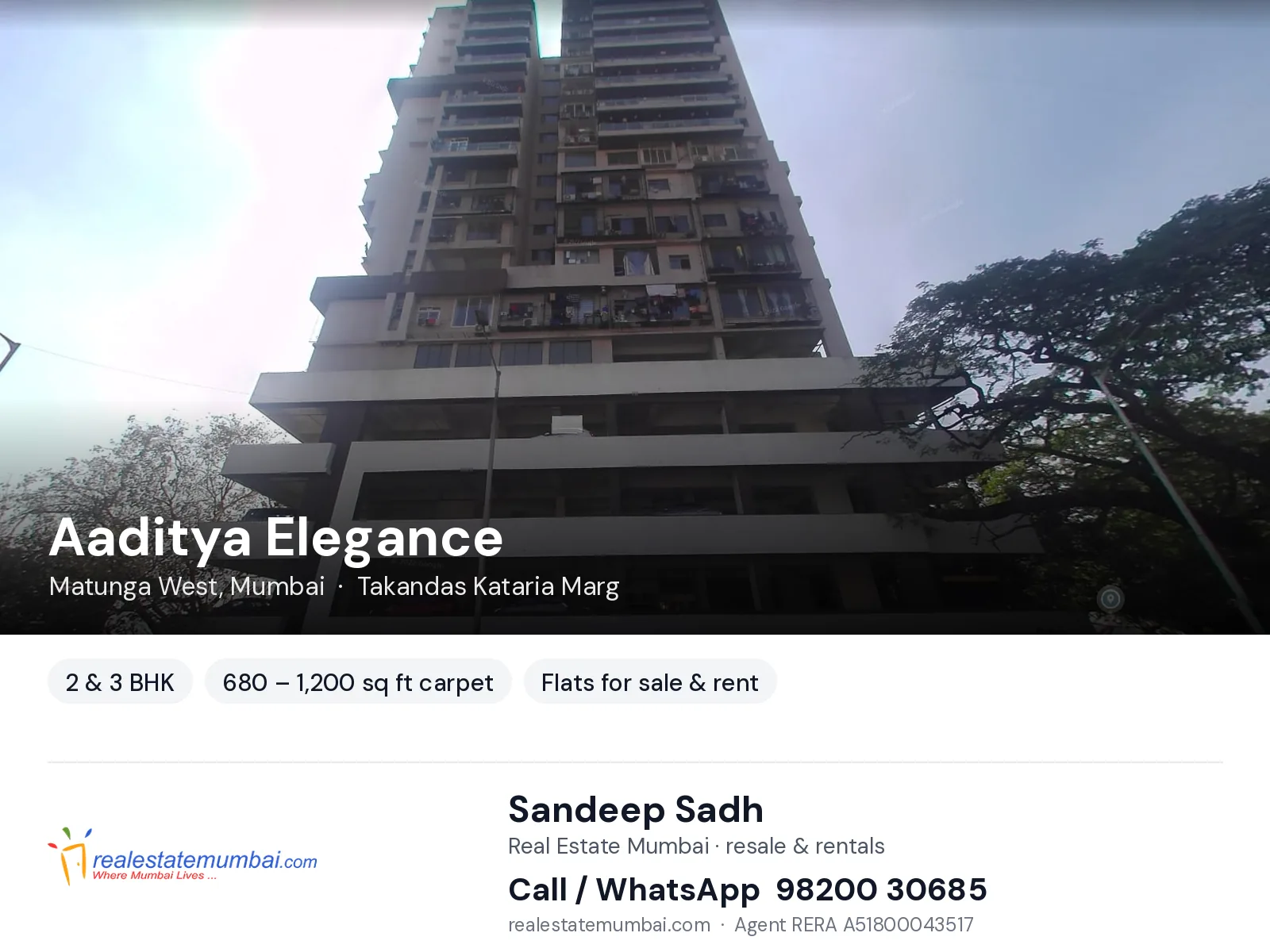 Aaditya Elegance, Matunga West, Mumbai — 2 & 3 BHK flats for sale & rent | Real Estate Mumbai, Sandeep Sadh 98200 30685
