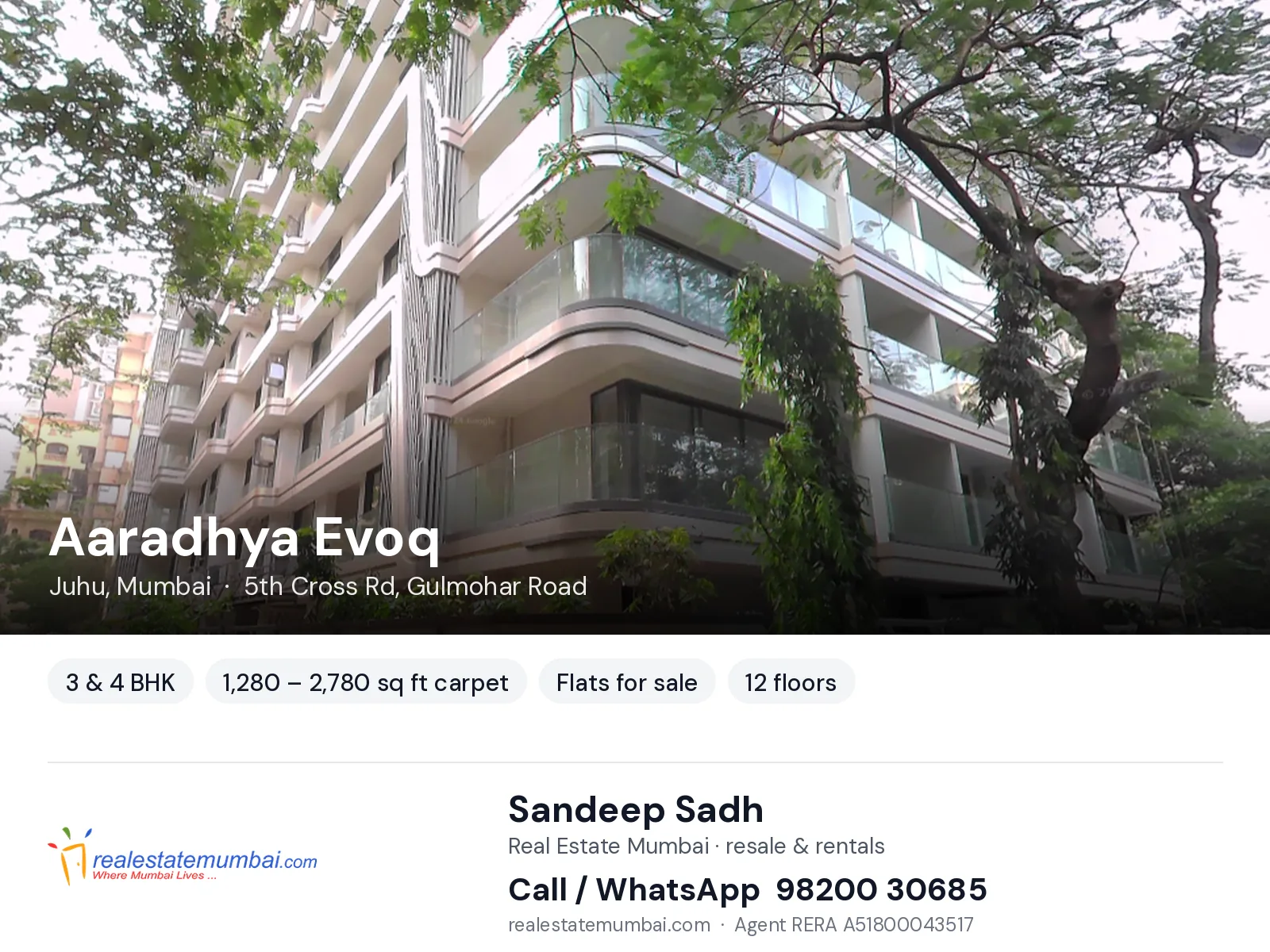 Aaradhya Evoq, Juhu, Mumbai — 3 & 4 BHK flats for sale | Real Estate Mumbai, Sandeep Sadh 98200 30685