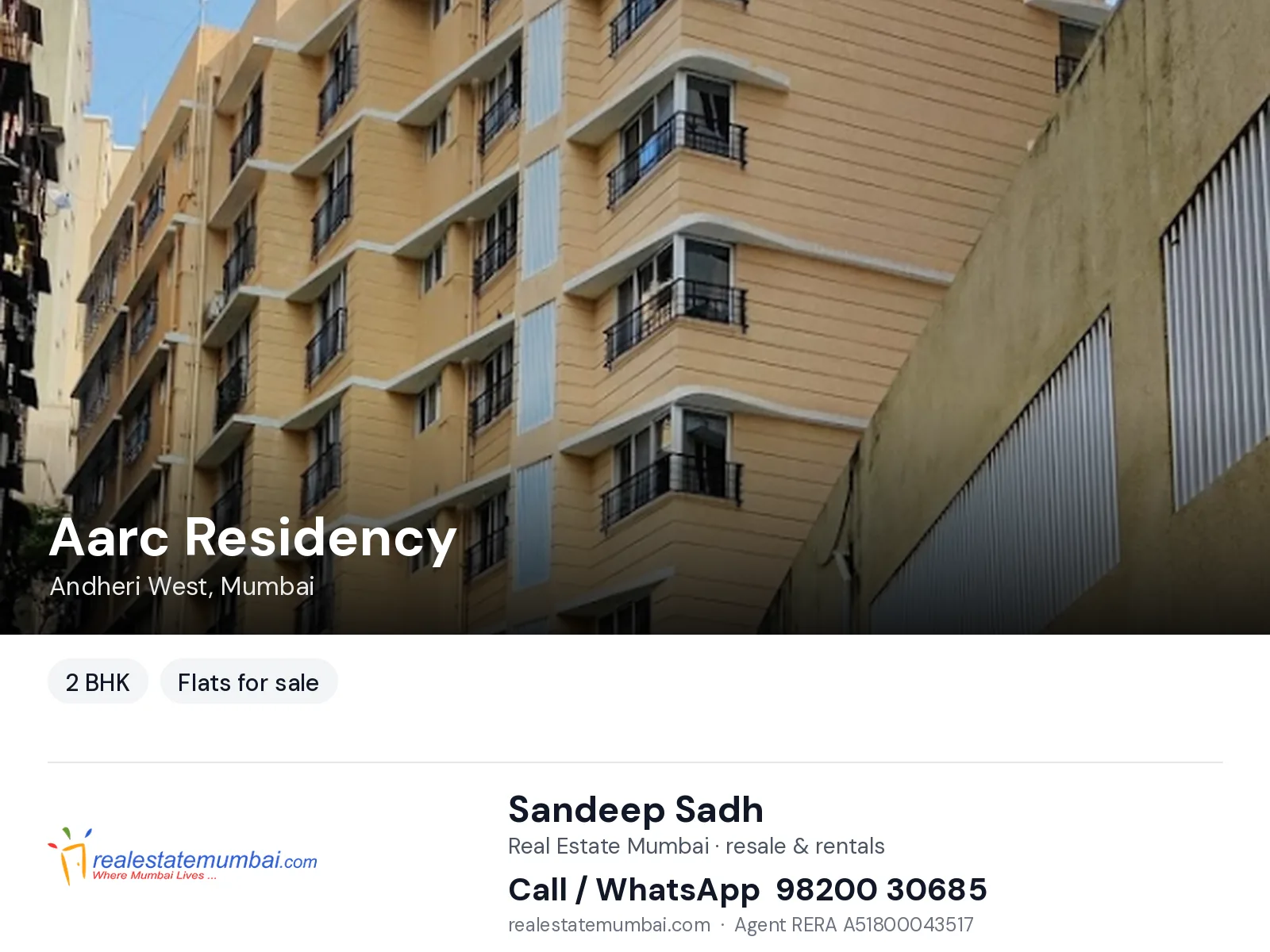 Aarc Residency, Andheri West, Mumbai — 2 BHK flats for sale | Real Estate Mumbai, Sandeep Sadh 98200 30685