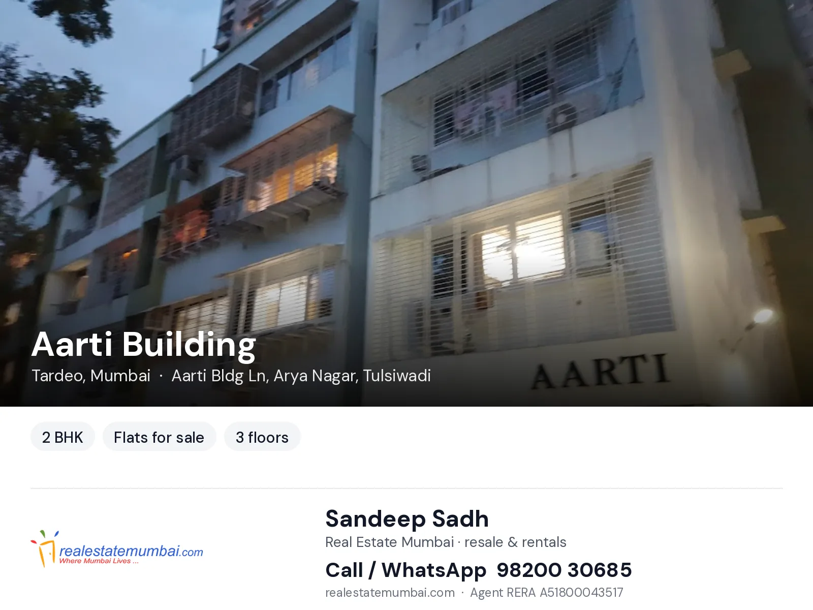 Aarti Building, Tardeo, Mumbai — 2 BHK flats for sale | Real Estate Mumbai, Sandeep Sadh 98200 30685