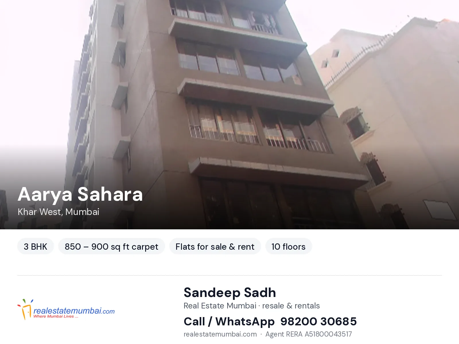 Aarya Sahara, Khar West, Mumbai — 3 BHK flats for sale & rent | Real Estate Mumbai, Sandeep Sadh 98200 30685