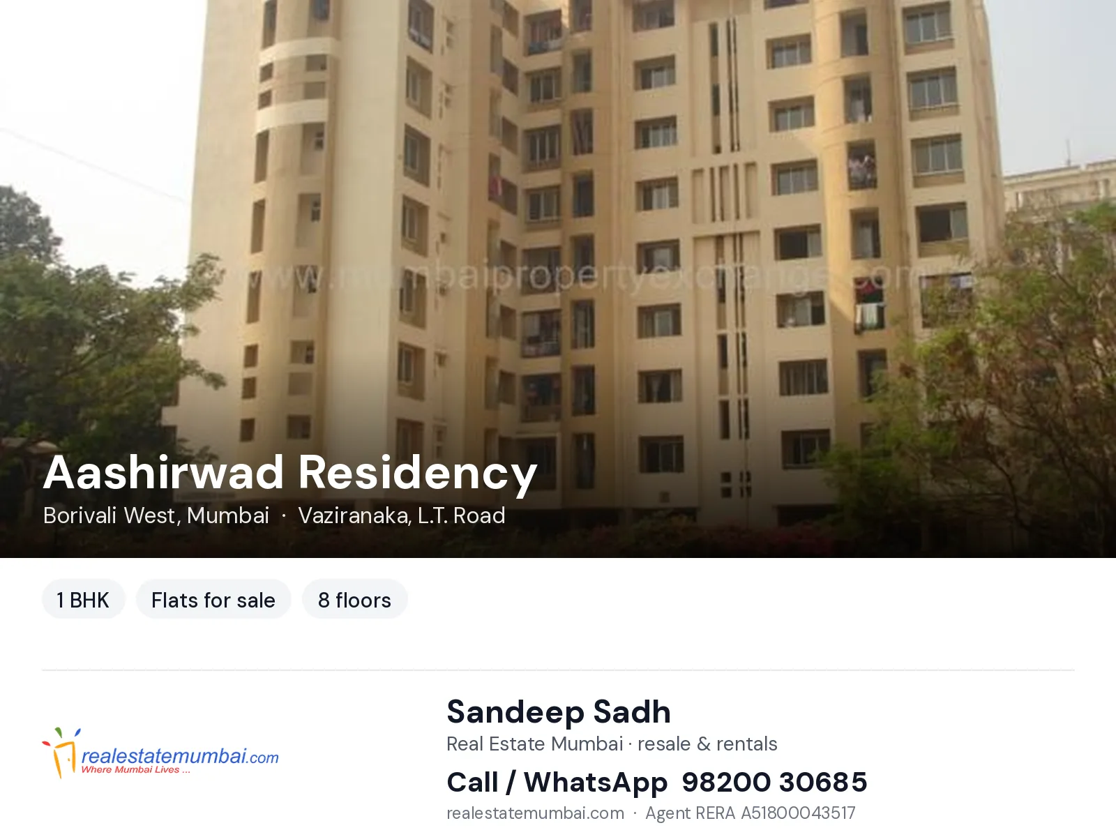 Aashirwad Residency, Borivali West, Mumbai — 1 BHK flats for sale | Real Estate Mumbai, Sandeep Sadh 98200 30685