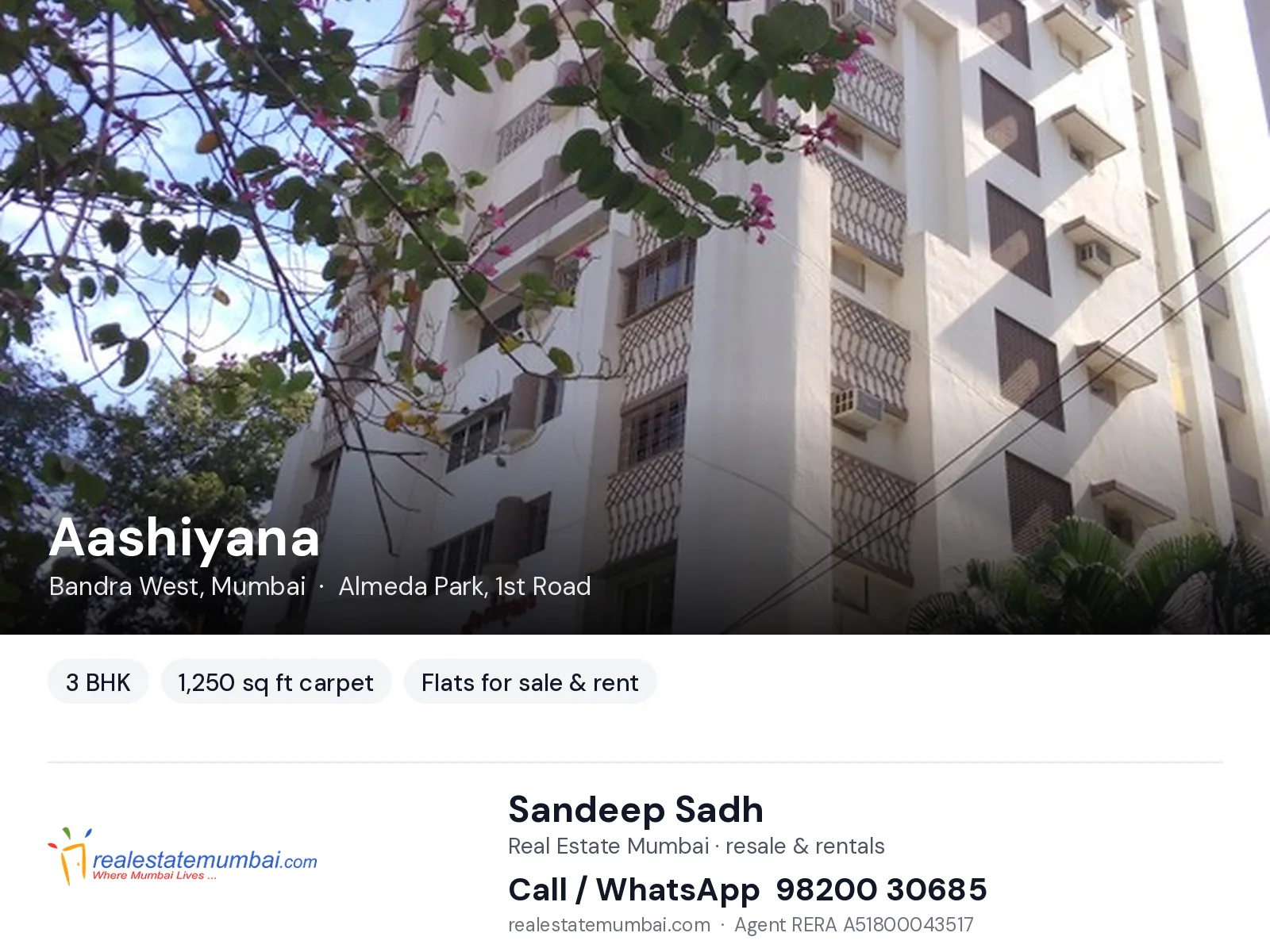 Aashiyana, Bandra West, Mumbai — 3 BHK flats for sale & rent | Real Estate Mumbai, Sandeep Sadh 98200 30685