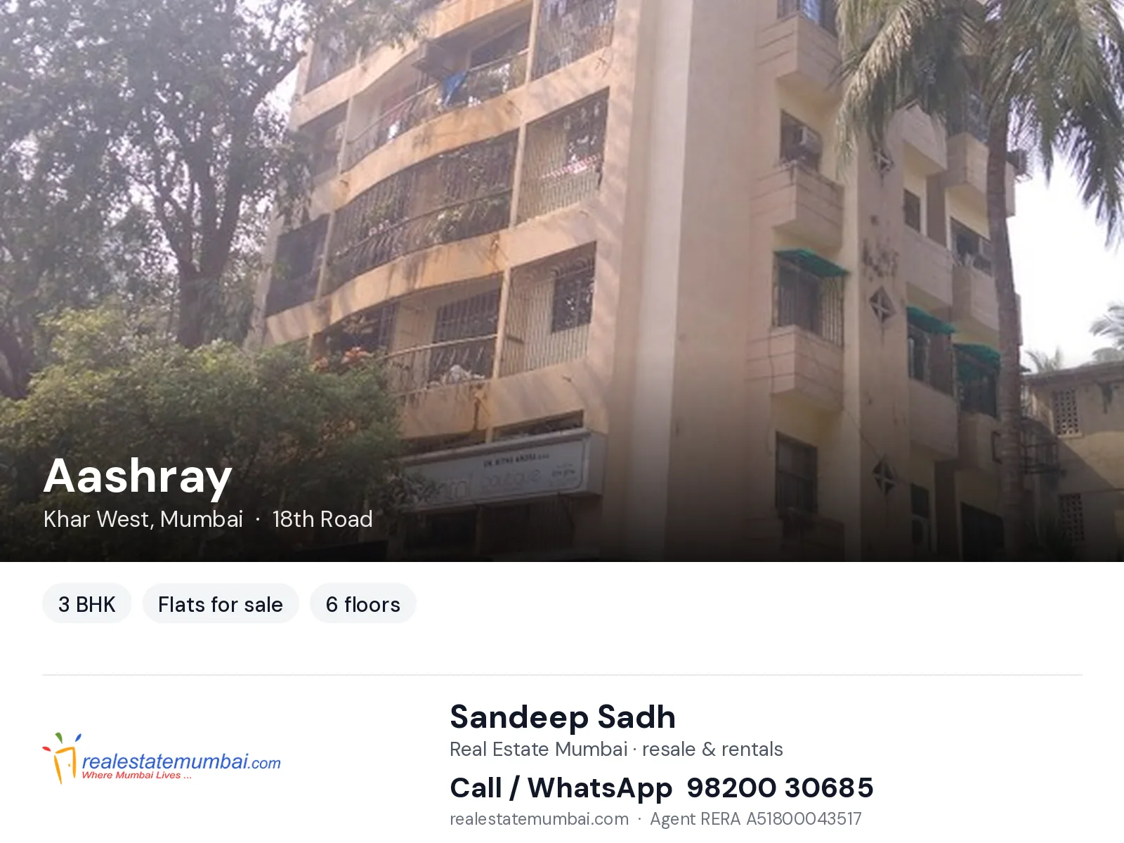 Aashray, Khar West, Mumbai — 3 BHK flats for sale | Real Estate Mumbai, Sandeep Sadh 98200 30685