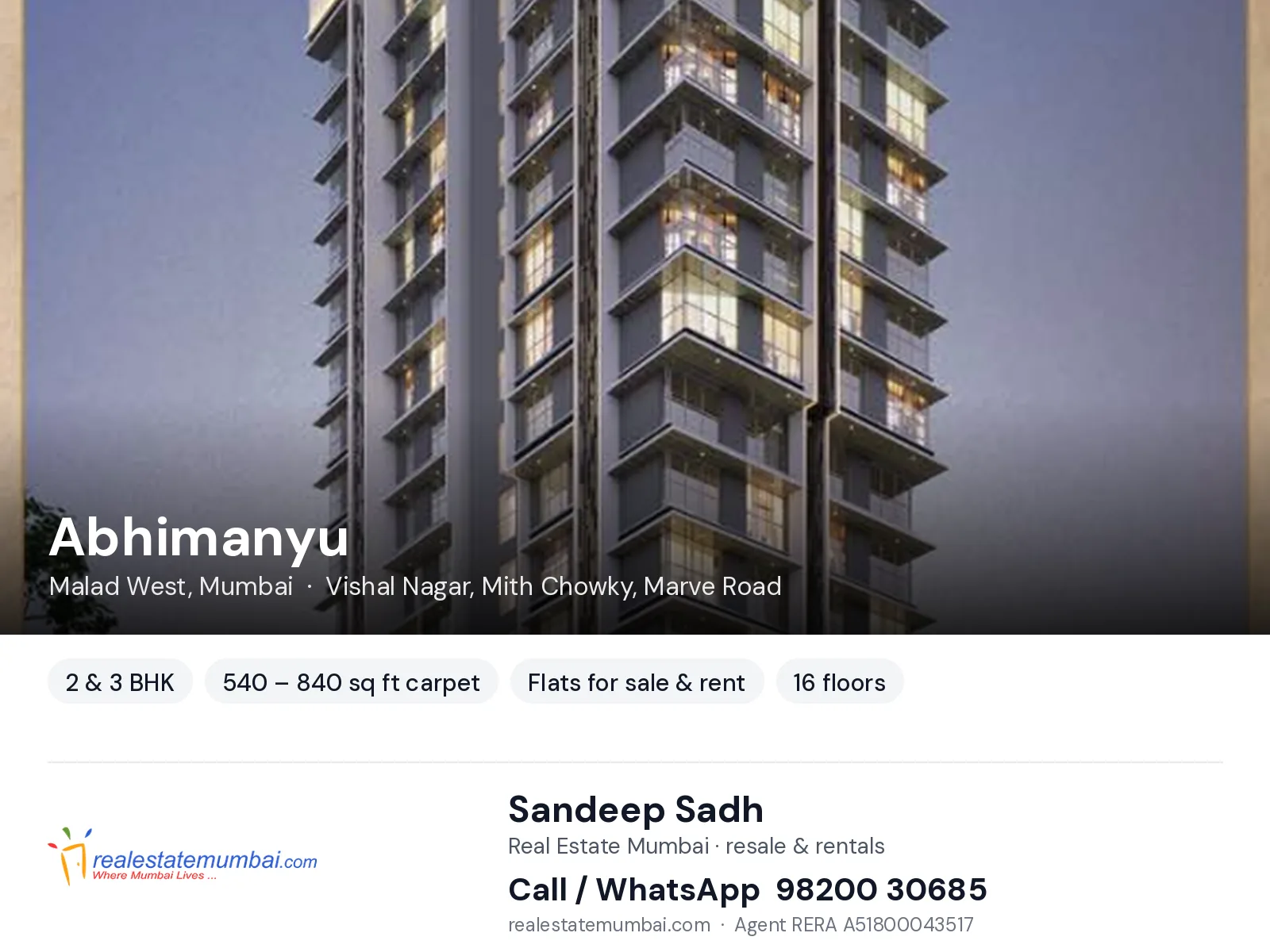Abhimanyu, Malad West, Mumbai — 2 & 3 BHK flats for sale & rent | Real Estate Mumbai, Sandeep Sadh 98200 30685