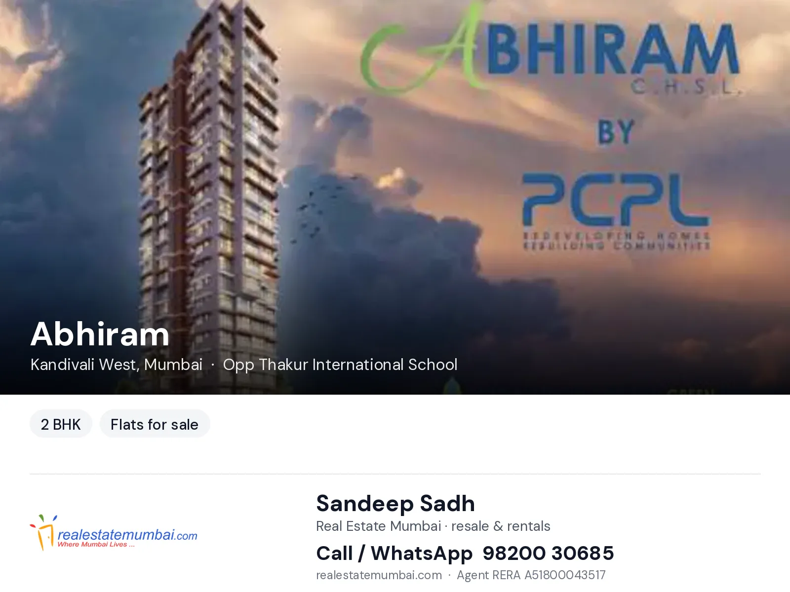 Abhiram, Kandivali West, Mumbai — 2 BHK flats for sale | Real Estate Mumbai, Sandeep Sadh 98200 30685