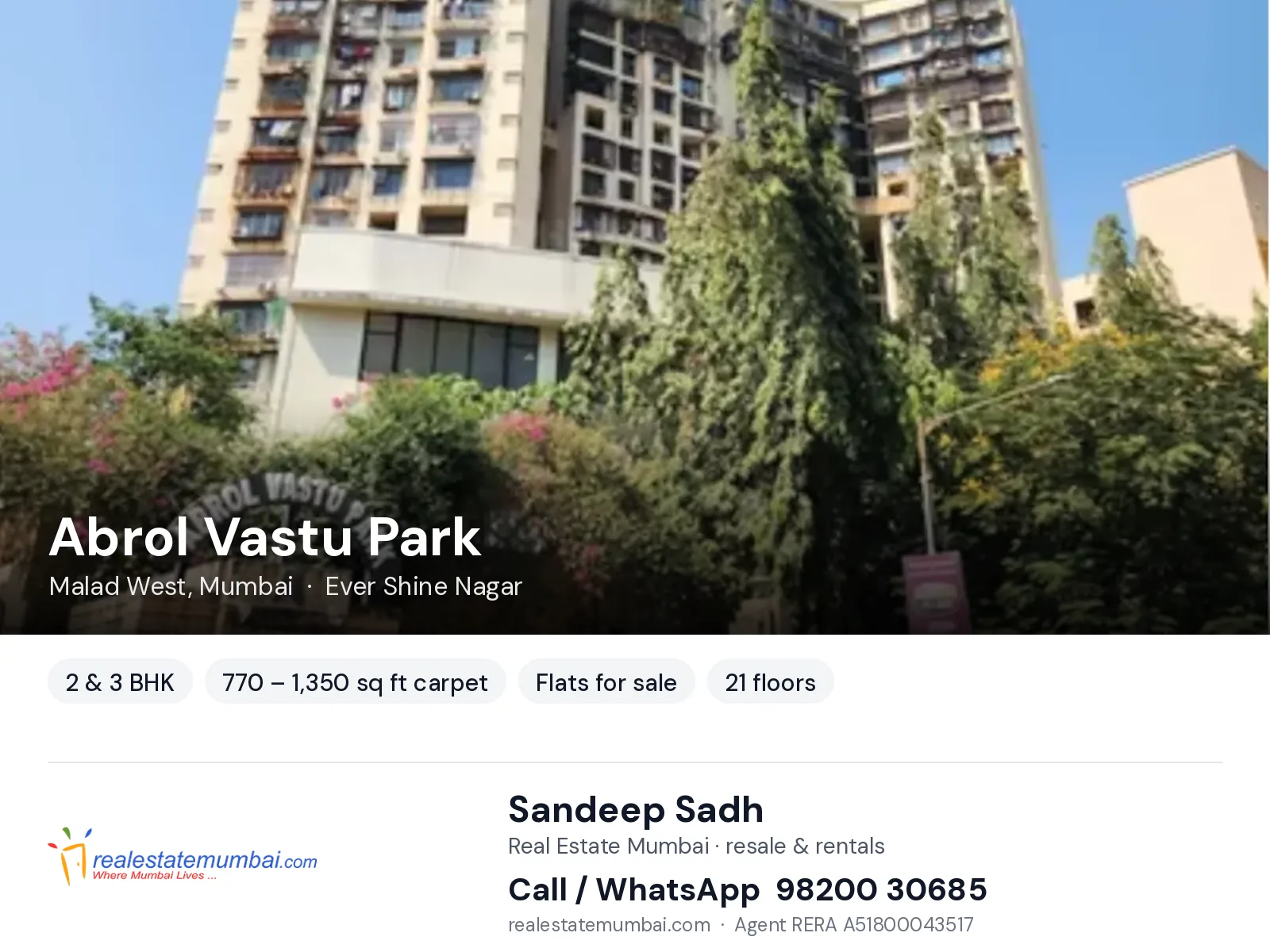 Abrol Vastu Park, Malad West, Mumbai — 2 & 3 BHK flats for sale | Real Estate Mumbai, Sandeep Sadh 98200 30685