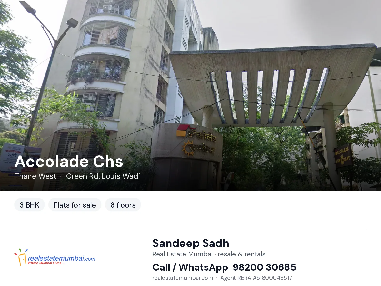Accolade Chs, Thane West — 3 BHK flats for sale | Real Estate Mumbai, Sandeep Sadh 98200 30685