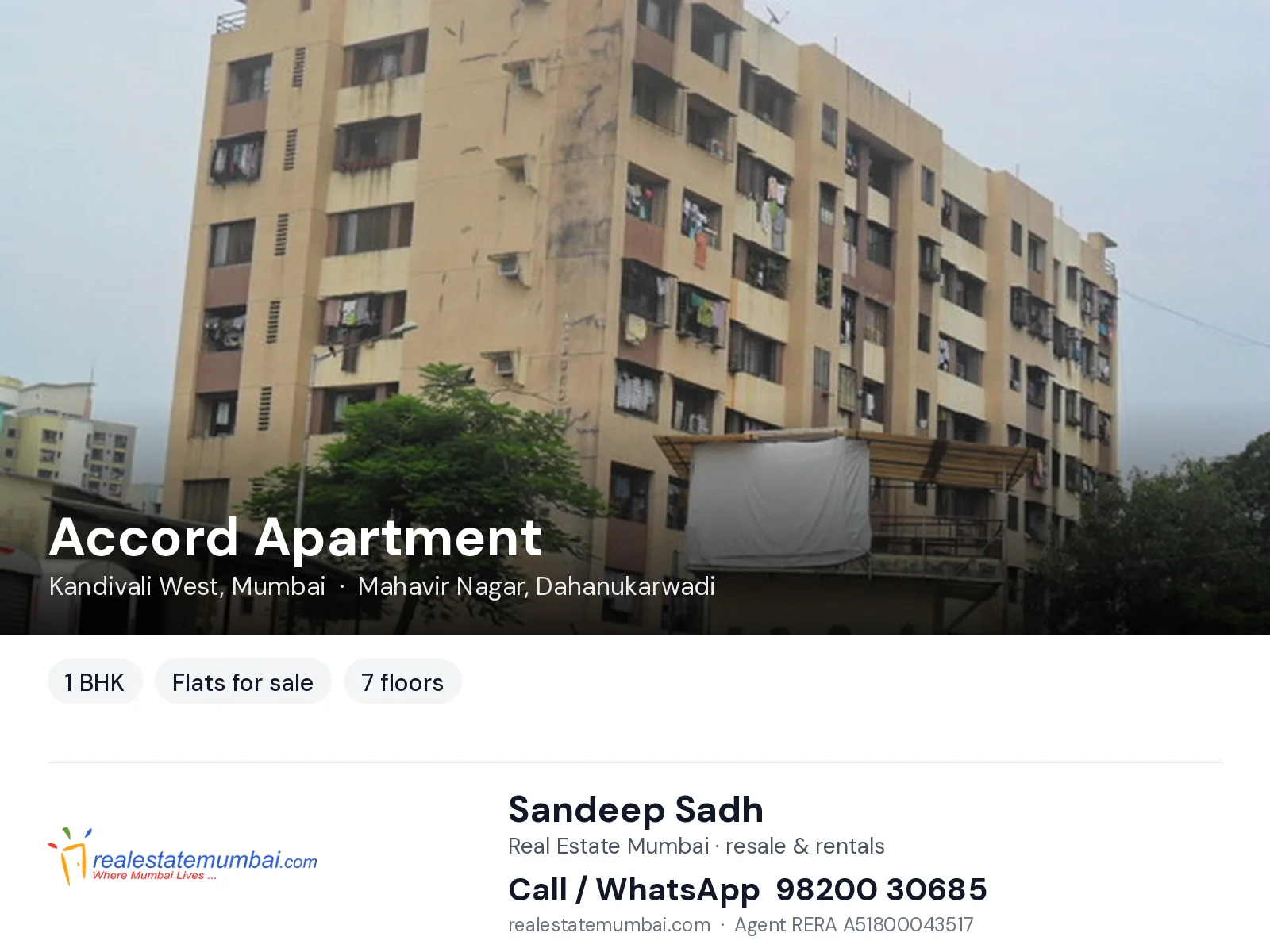 Accord Apartment, Kandivali West, Mumbai — 1 BHK flats for sale | Real Estate Mumbai, Sandeep Sadh 98200 30685