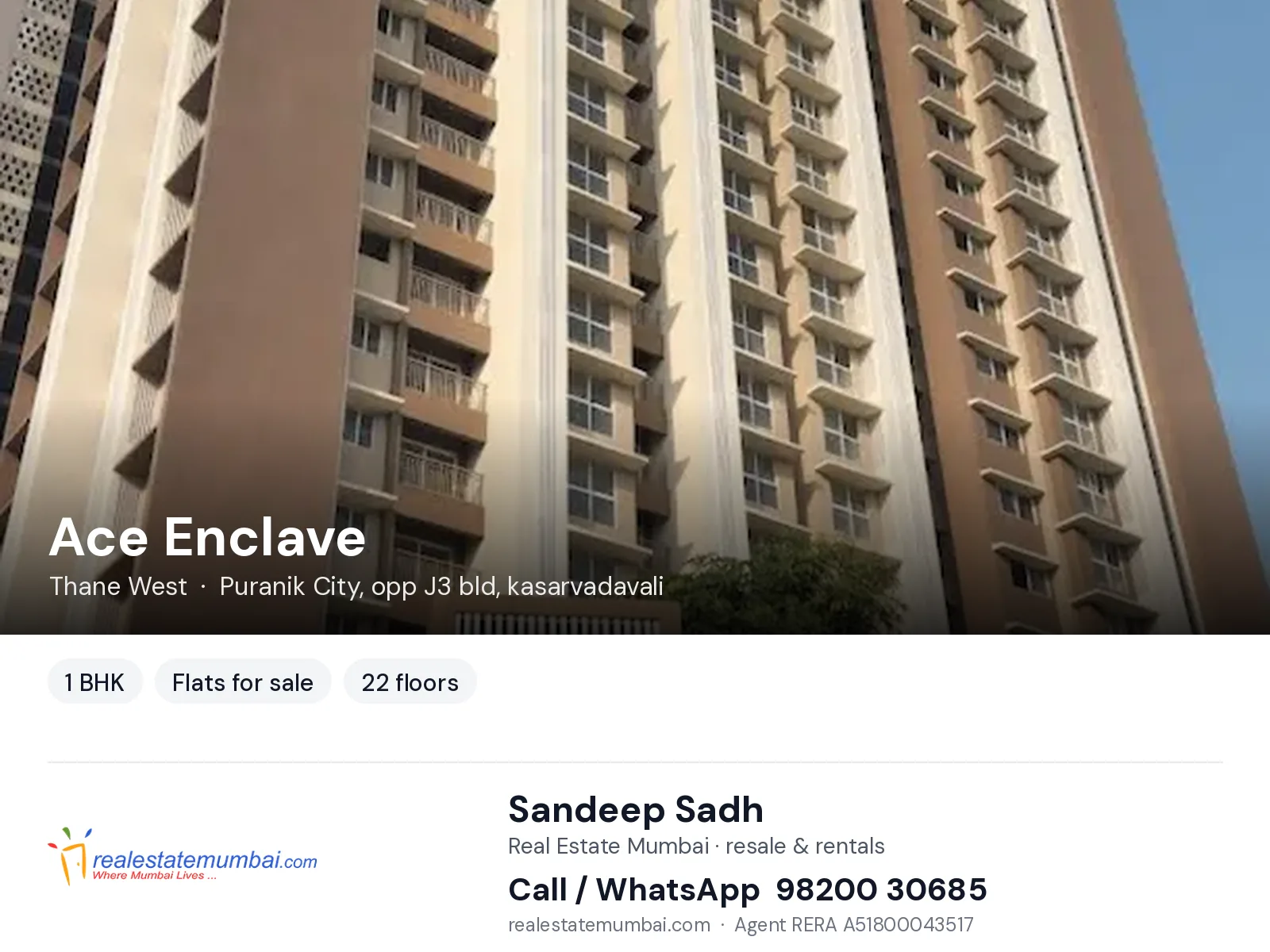 Ace Enclave, Thane West — 1 BHK flats for sale | Real Estate Mumbai, Sandeep Sadh 98200 30685