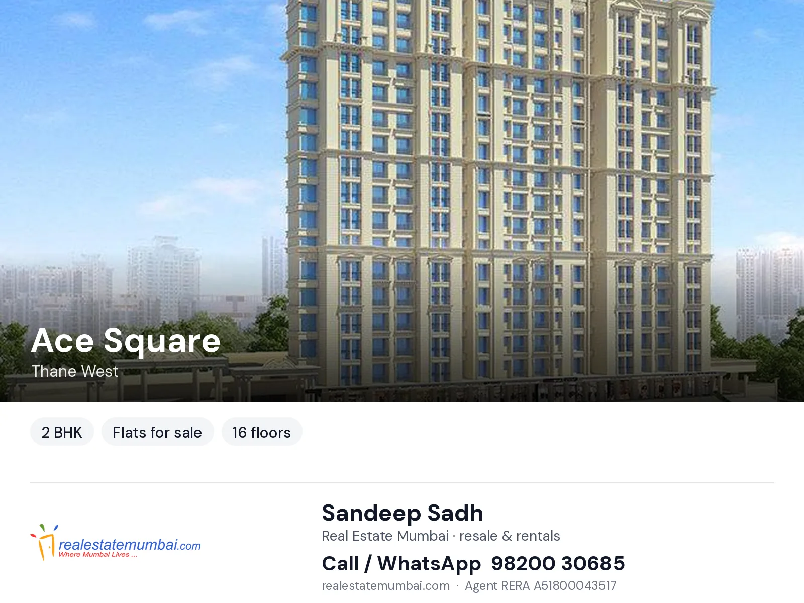 Ace Square, Thane West — 2 BHK flats for sale | Real Estate Mumbai, Sandeep Sadh 98200 30685