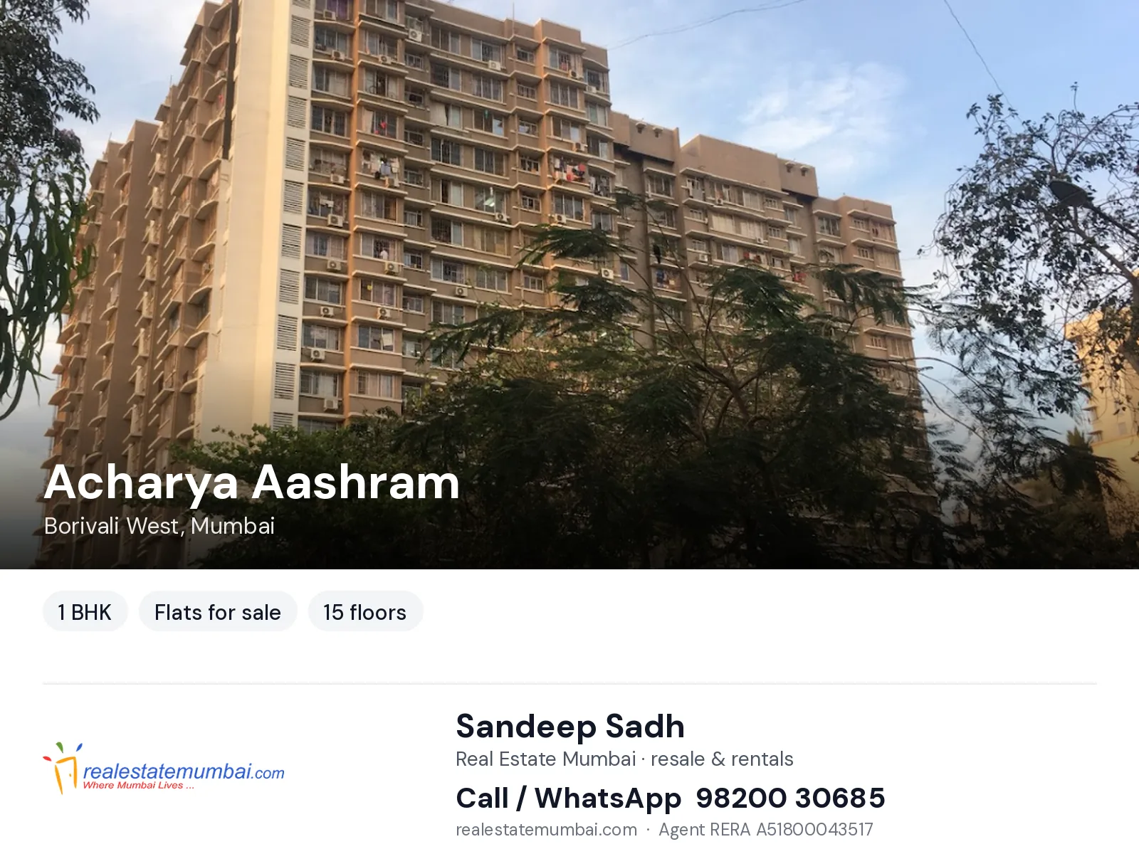 Acharya Aashram, Borivali West, Mumbai — 1 BHK flats for sale | Real Estate Mumbai, Sandeep Sadh 98200 30685