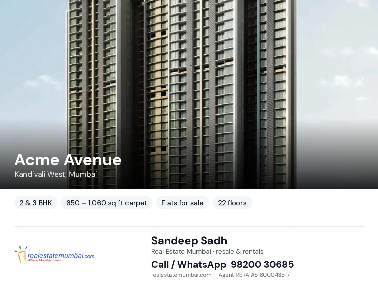 Acme Avenue, Kandivali West, Mumbai — 2 & 3 BHK flats for sale | Real Estate Mumbai, Sandeep Sadh 98200 30685