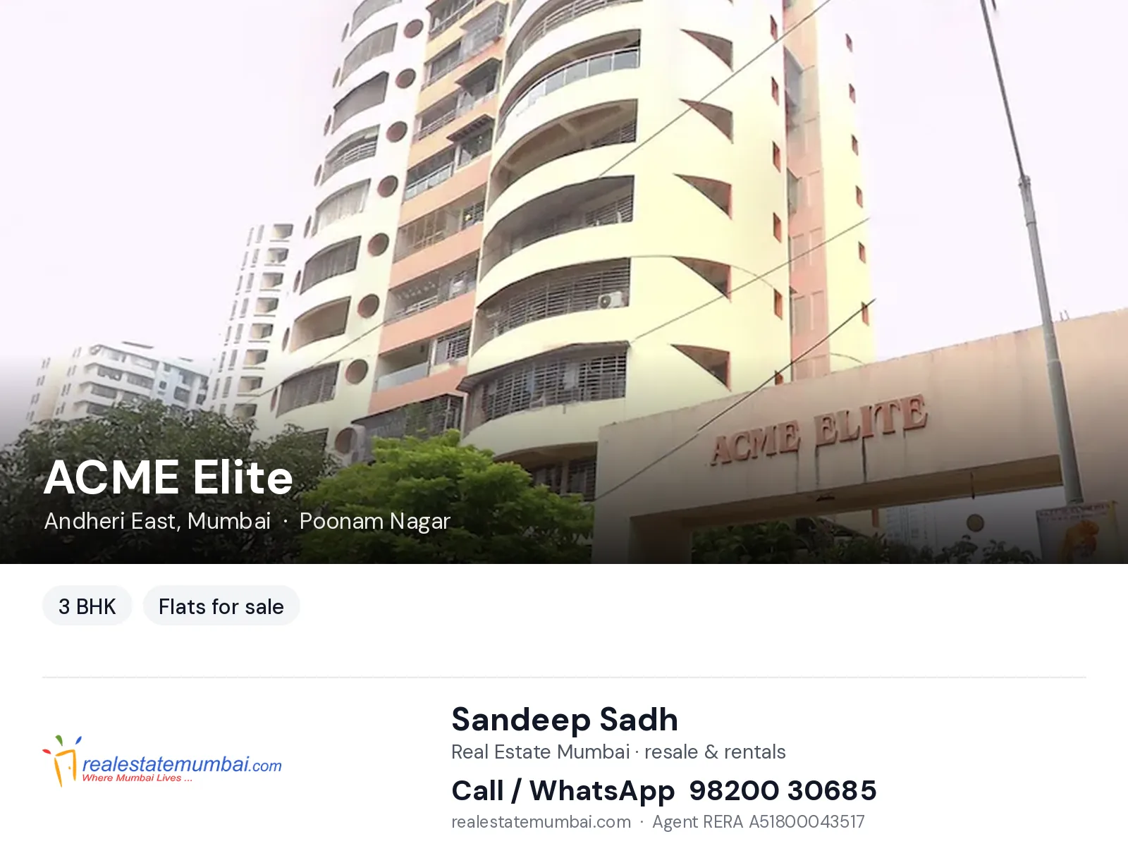 ACME Elite, Andheri East, Mumbai — 3 BHK flats for sale | Real Estate Mumbai, Sandeep Sadh 98200 30685