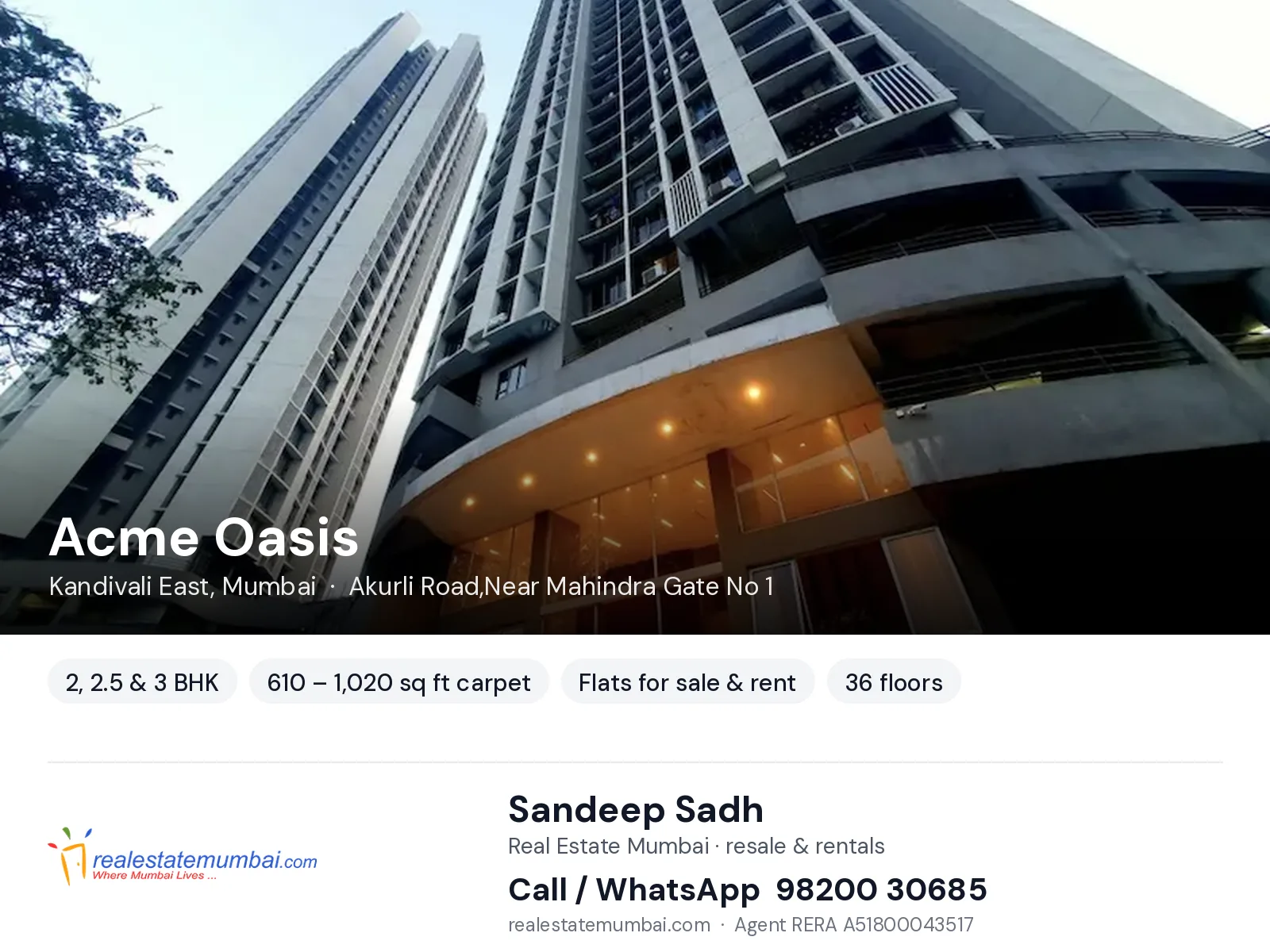 Acme Oasis, Kandivali East, Mumbai — 2, 2.5 & 3 BHK flats for sale & rent | Real Estate Mumbai, Sandeep Sadh 98200 30685