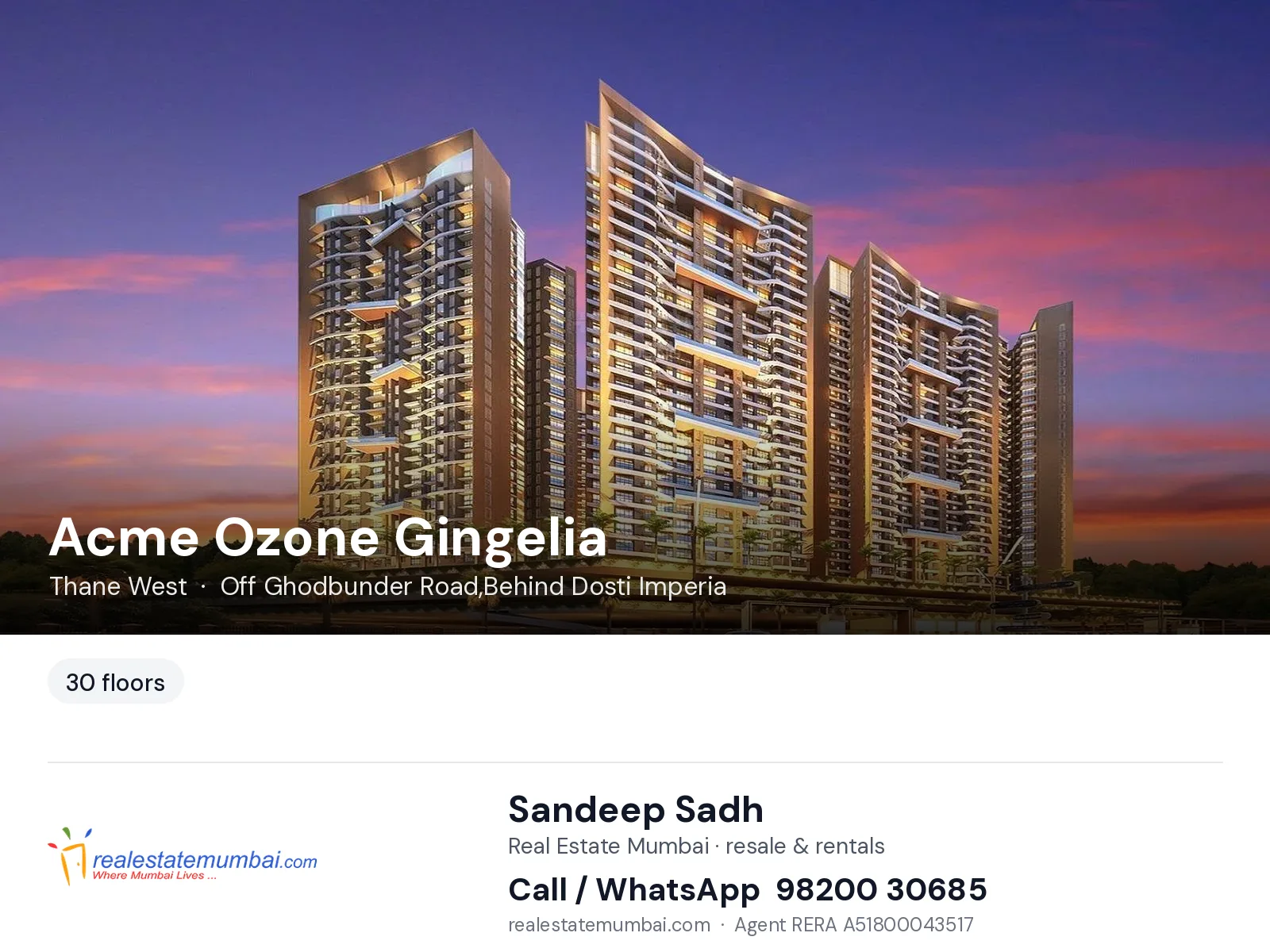 Acme Ozone Gingelia, Thane West — flats | Real Estate Mumbai, Sandeep Sadh 98200 30685