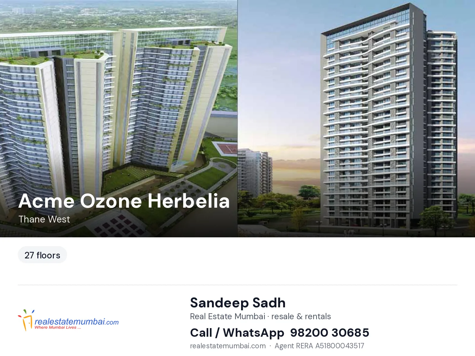 Acme Ozone Herbelia, Thane West — flats | Real Estate Mumbai, Sandeep Sadh 98200 30685