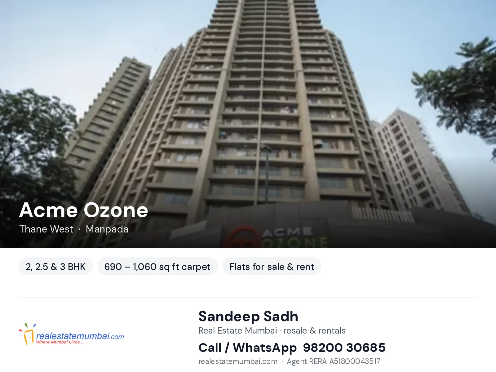 Acme Ozone, Thane West — 2, 2.5 & 3 BHK flats for sale & rent | Real Estate Mumbai, Sandeep Sadh 98200 30685