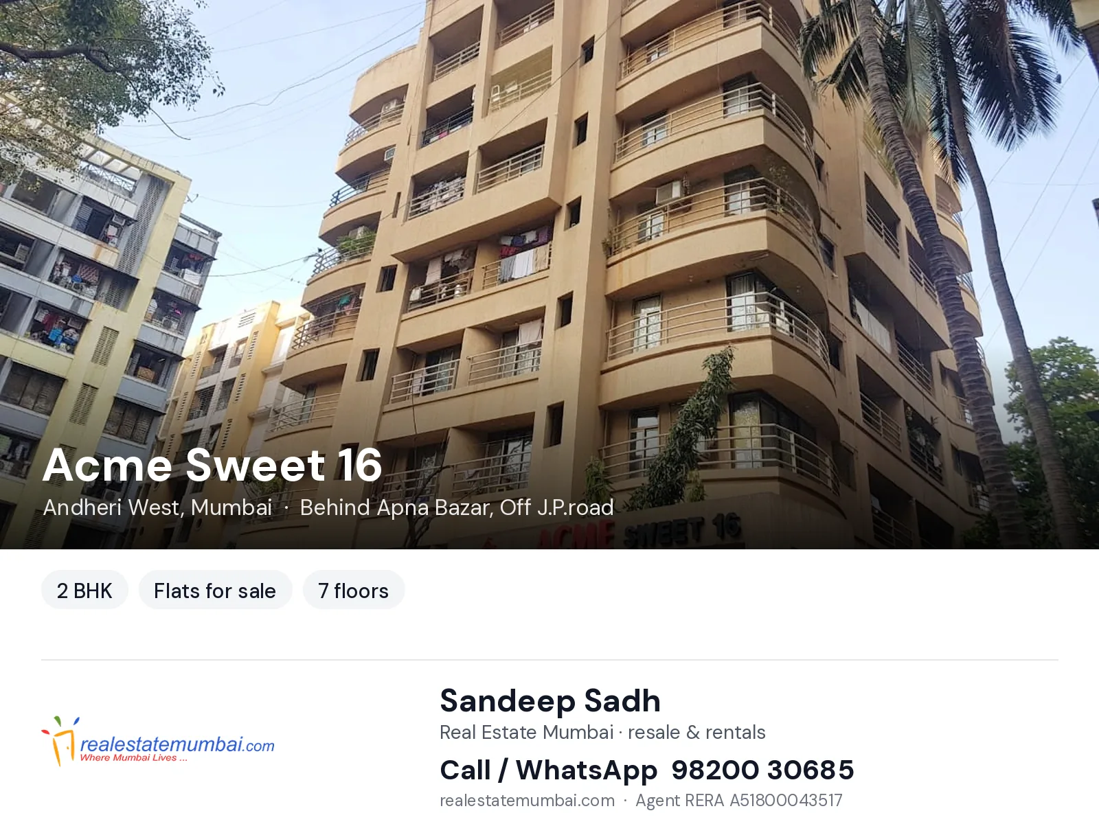 Acme Sweet 16, Andheri West, Mumbai — 2 BHK flats for sale | Real Estate Mumbai, Sandeep Sadh 98200 30685