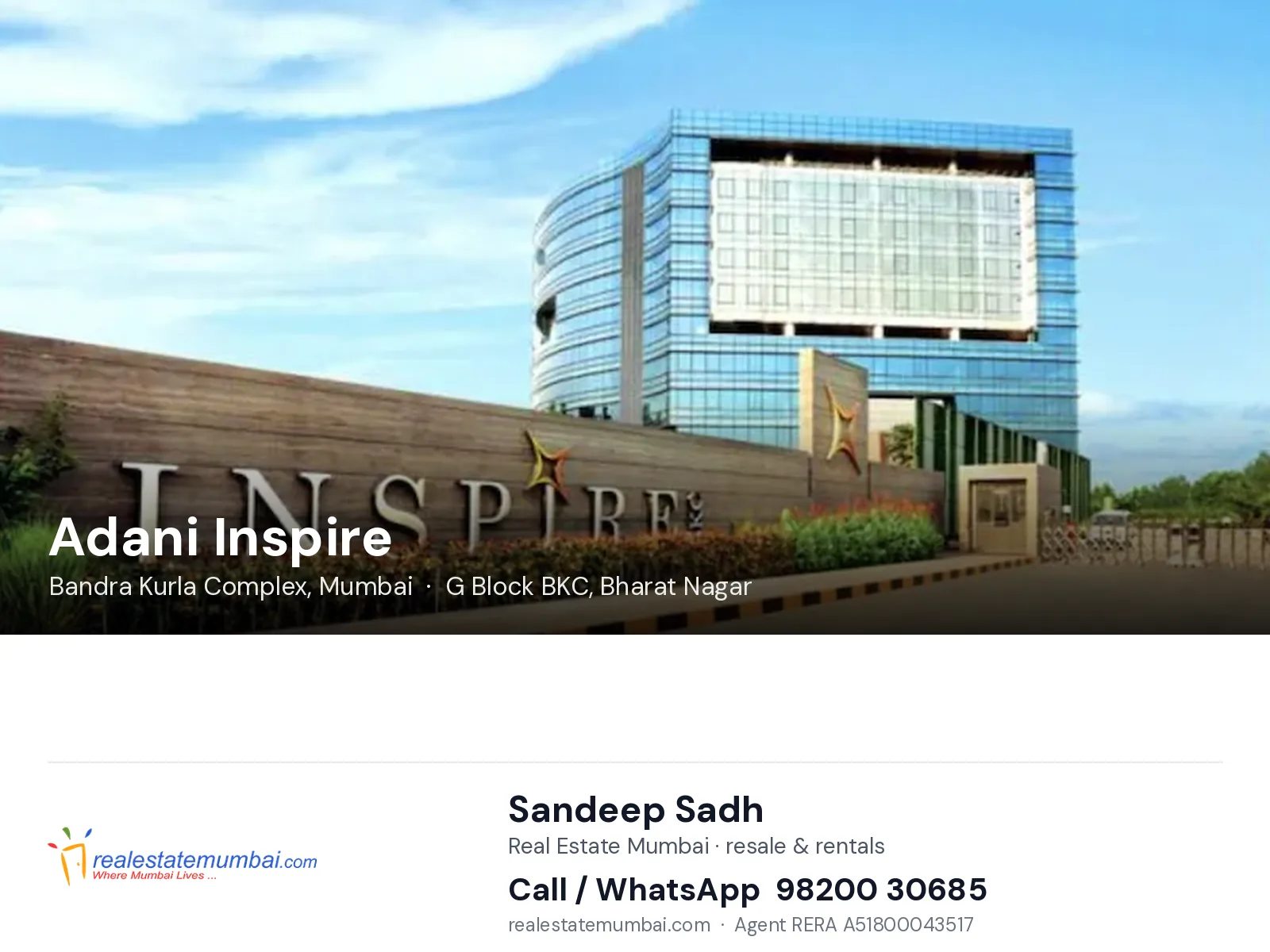Adani Inspire, Bandra Kurla Complex, Mumbai — flats | Real Estate Mumbai, Sandeep Sadh 98200 30685