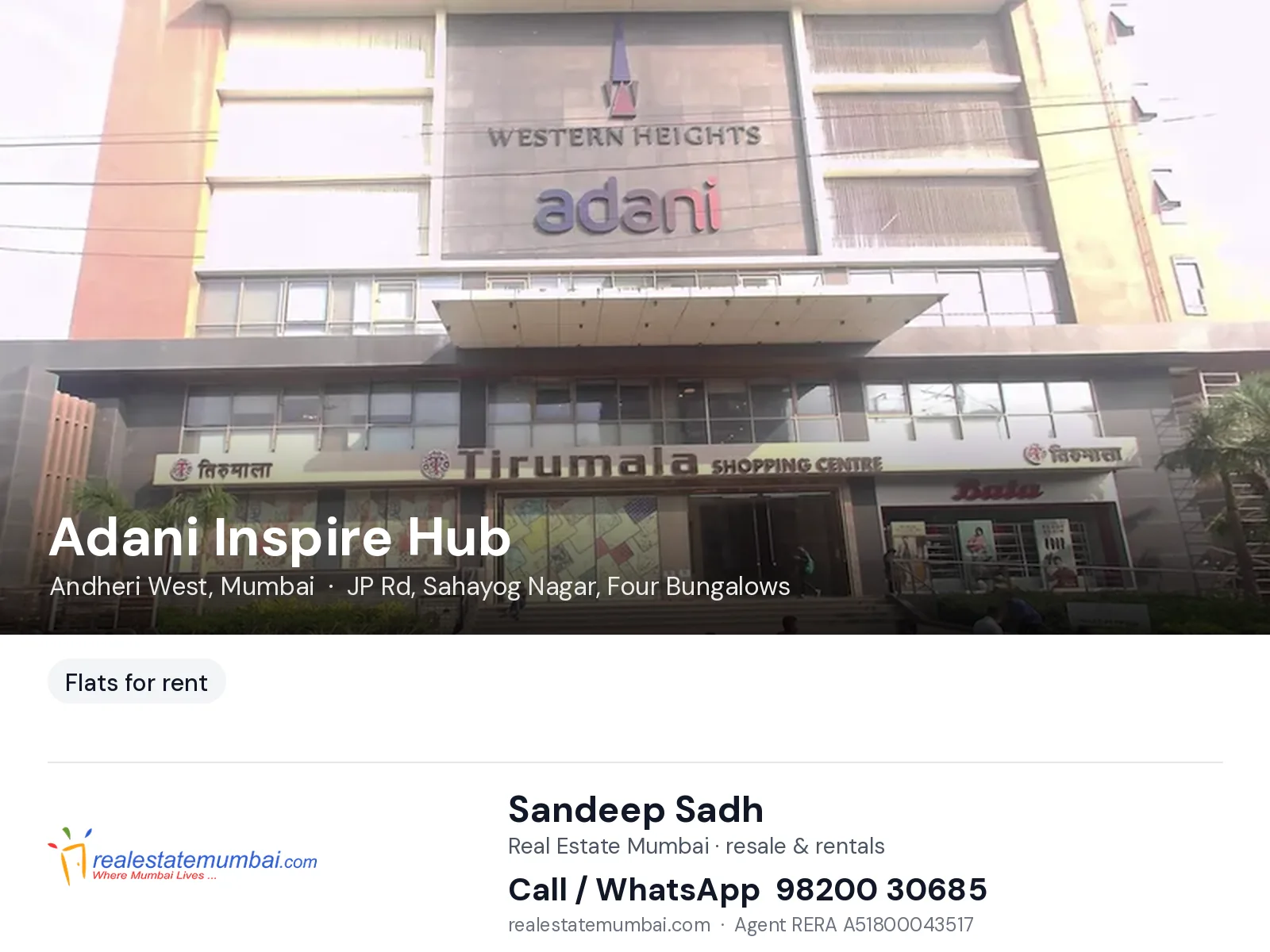 Adani Inspire Hub, Andheri West, Mumbai — flats for rent | Real Estate Mumbai, Sandeep Sadh 98200 30685
