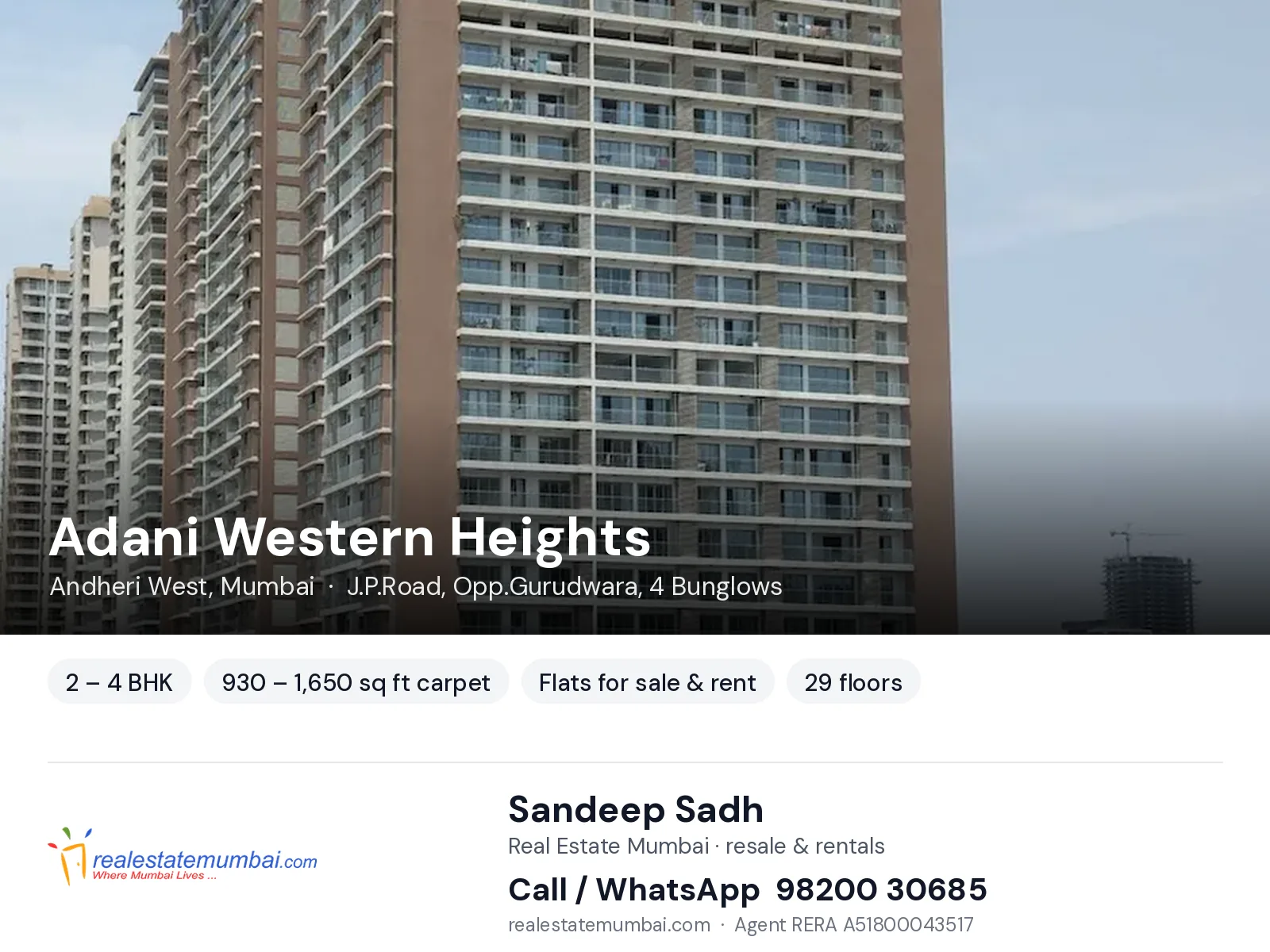 Adani Western Heights, Andheri West, Mumbai — 2 – 4 BHK flats for sale & rent | Real Estate Mumbai, Sandeep Sadh 98200 30685