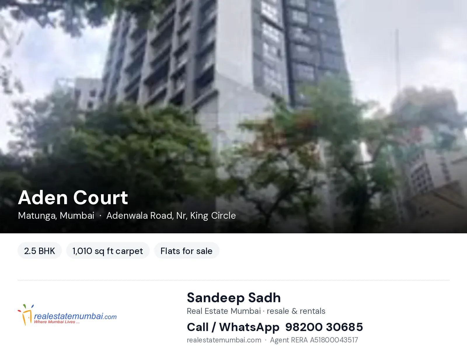 Aden Court, Matunga, Mumbai — 2.5 BHK flats for sale | Real Estate Mumbai, Sandeep Sadh 98200 30685