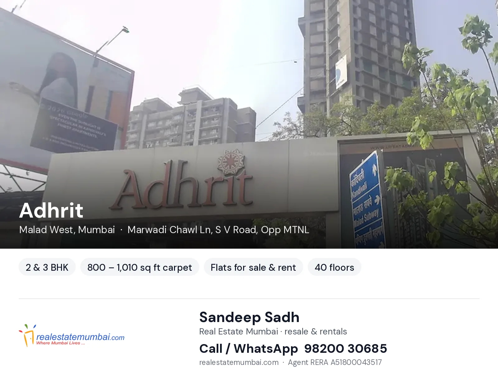 Adhrit, Malad West, Mumbai — 2 & 3 BHK flats for sale & rent | Real Estate Mumbai, Sandeep Sadh 98200 30685
