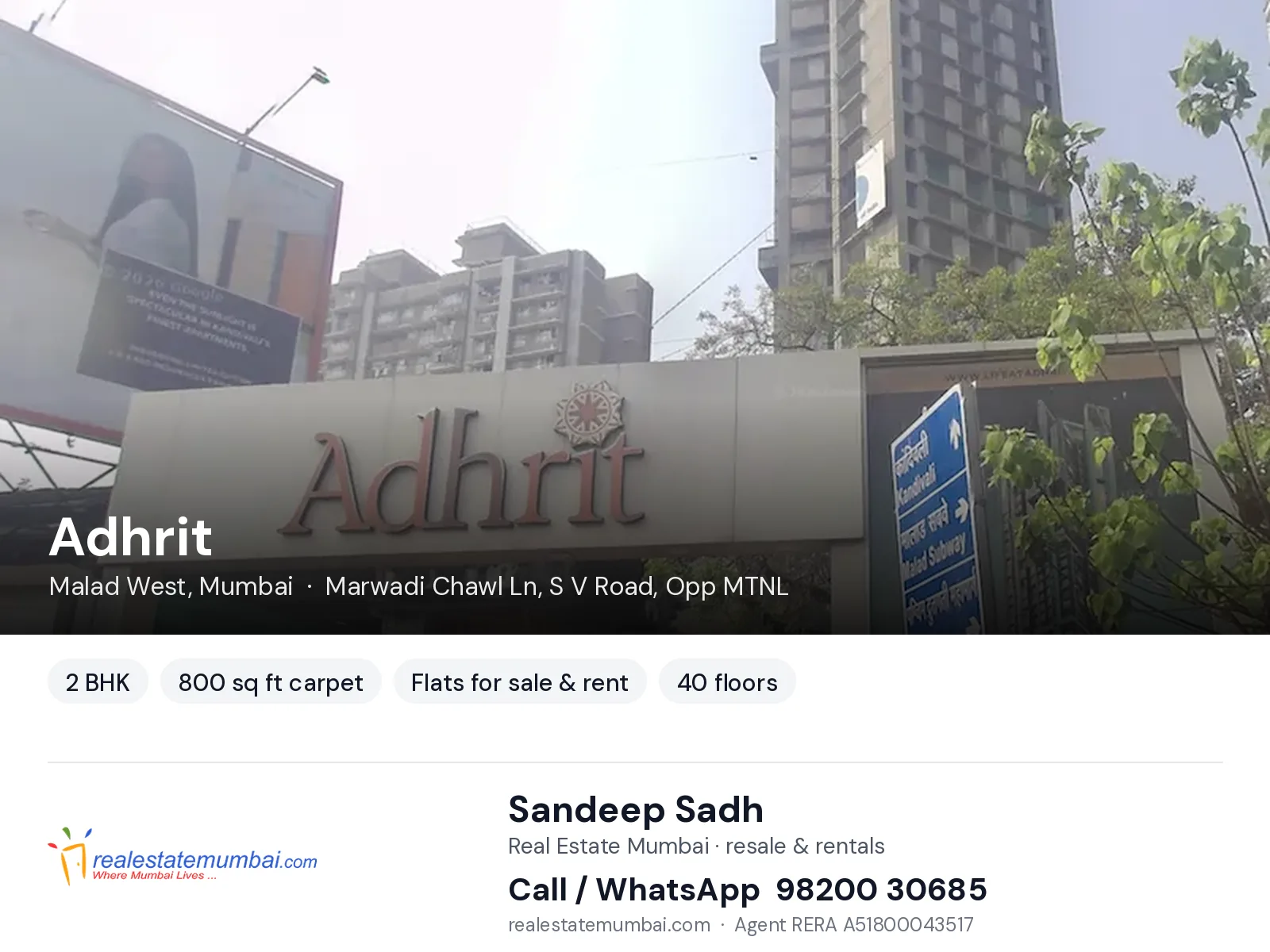 Adhrit, Malad West, Mumbai — 2 BHK flats for sale & rent | Real Estate Mumbai, Sandeep Sadh 98200 30685