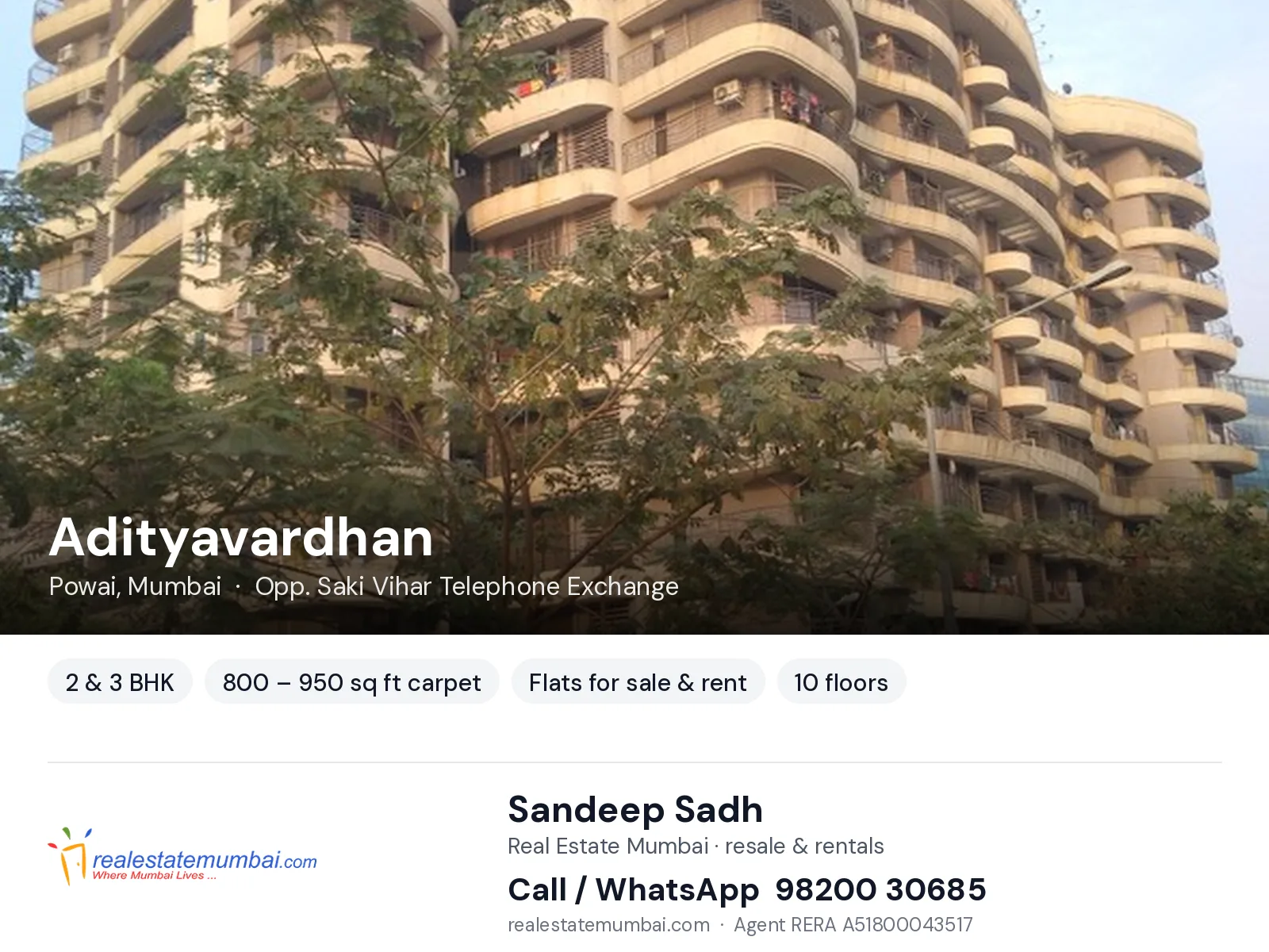 Adityavardhan, Powai, Mumbai — 2 & 3 BHK flats for sale & rent | Real Estate Mumbai, Sandeep Sadh 98200 30685