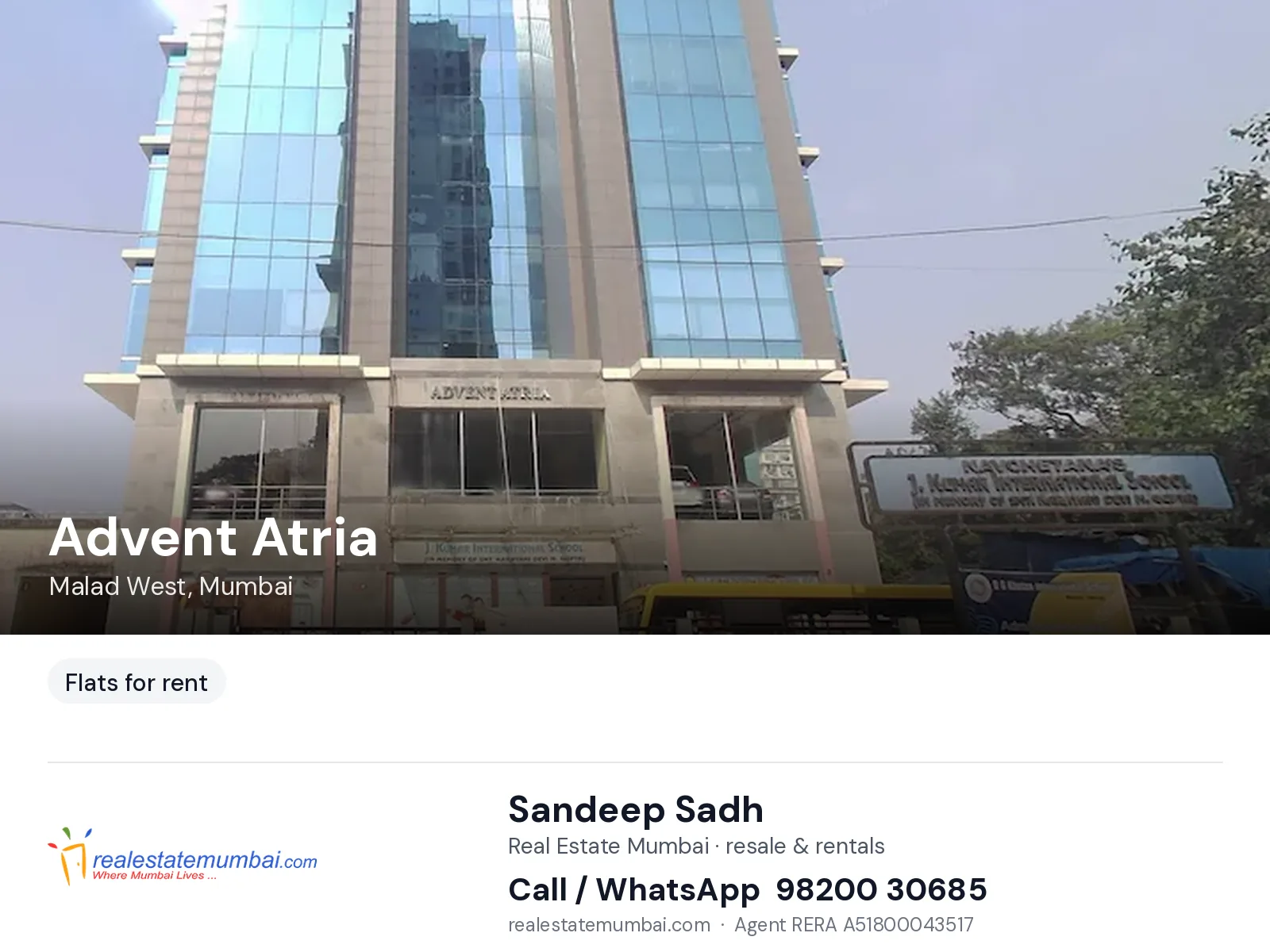 Advent Atria, Malad West, Mumbai — flats for rent | Real Estate Mumbai, Sandeep Sadh 98200 30685