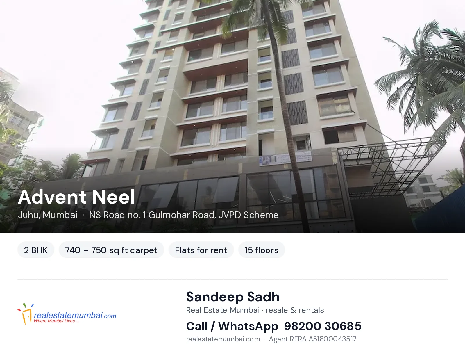 Advent Neel, Juhu, Mumbai — 2 BHK flats for rent | Real Estate Mumbai, Sandeep Sadh 98200 30685