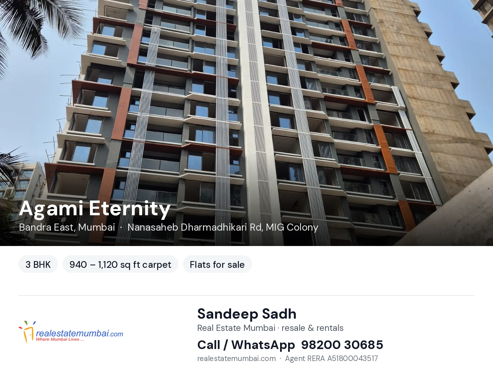 Agami Eternity, Bandra East, Mumbai — 3 BHK flats for sale | Real Estate Mumbai, Sandeep Sadh 98200 30685